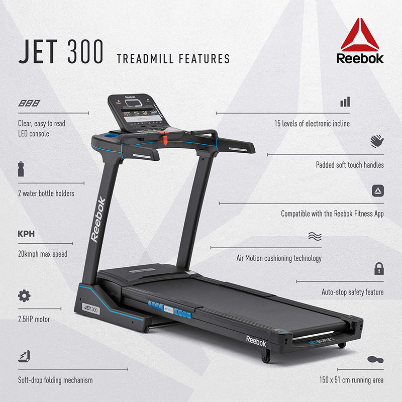 Reebok Jet 300 Series 2.5 HP Air Motion Treadmill w/ Touchscreen Display, Black