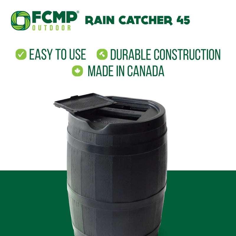FCMP Outdoor RC45 45 Gallon Outdoor Rain Water Catcher Barrel Container, Black - VMInnovations