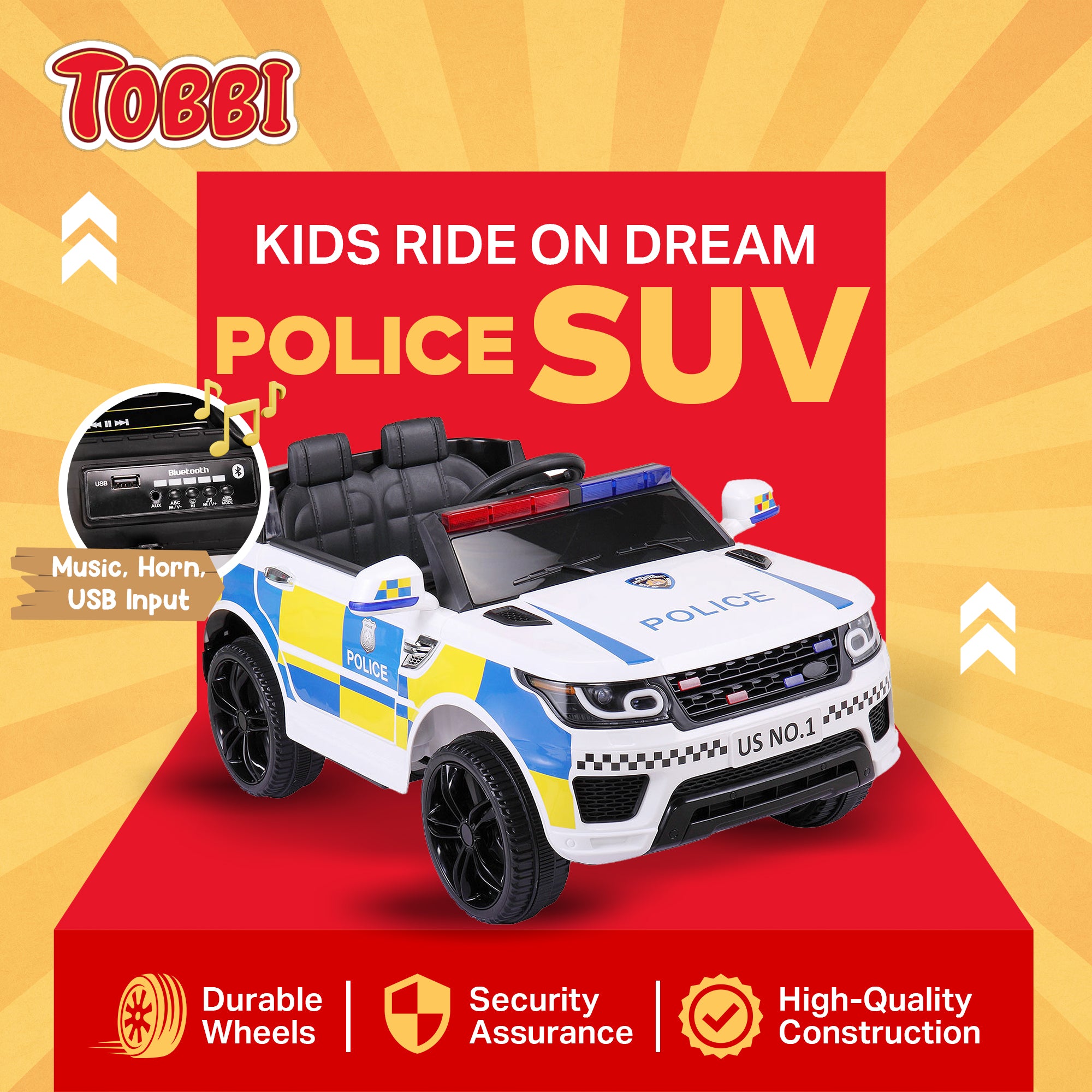 TOBBI 12 Volt Battery Powered Ride On 3 Speed Police SUV for Ages 3 Years & Up - VMInnovations