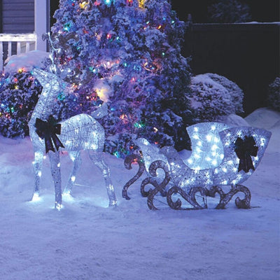 NOMA Pre Lit White LED Reindeer and Sleigh Outdoor Holiday Lawn Decoration Set