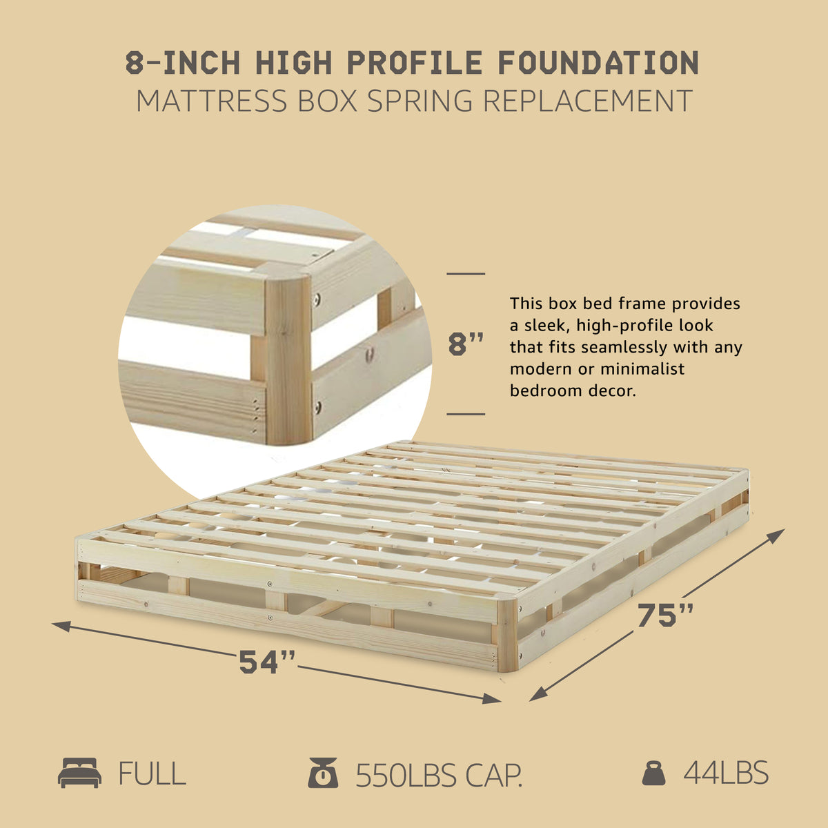 Hercules 8 Inch High Profile Instant Foundation Box Spring Replacement, Full