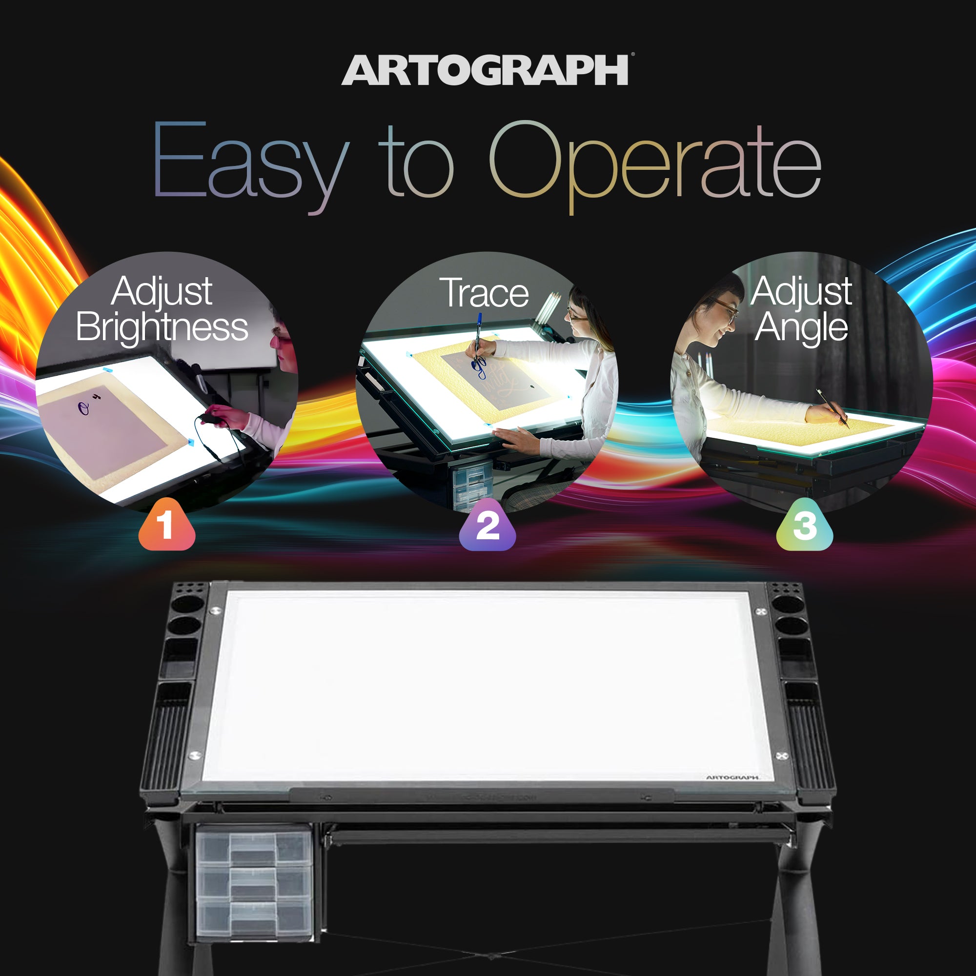 Artograph Futura Light Table for Artists with Storage & Dimmable Glass Work Top - VMInnovations
