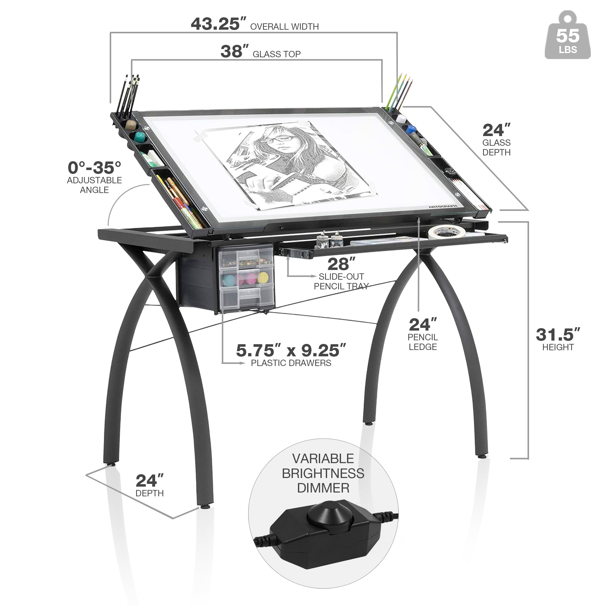 Artograph Light Table for Artists w/Storage & Dimmable Glass Work Top (Open Box) - VMInnovations