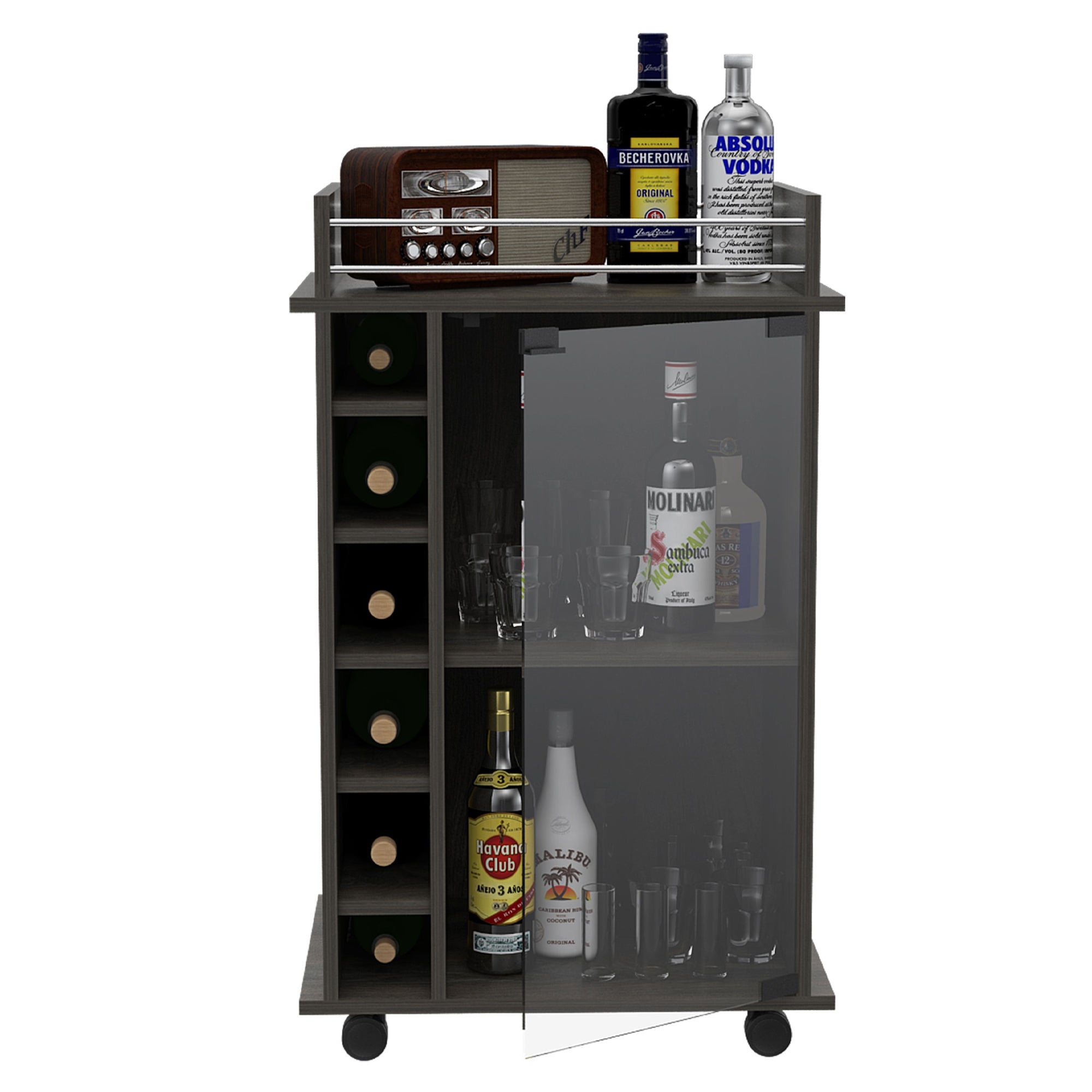 TUHOME Dukat Wine and Liquor Bar Storage Cabinet Cart with Glass Door(For Parts) - VMInnovations