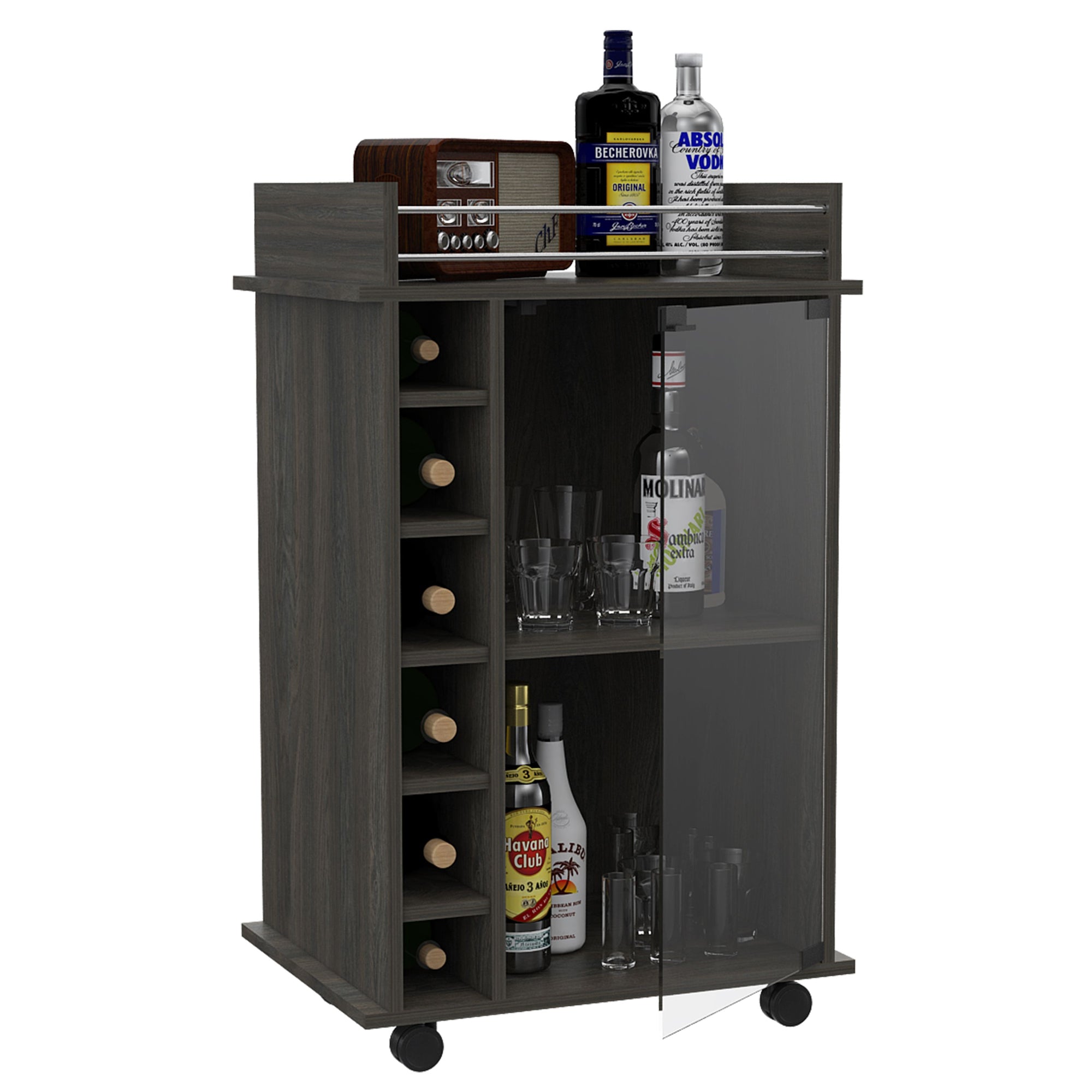 TUHOME Dukat Wine and Liquor Bar Storage Cabinet Cart with Glass Door, Espresso
