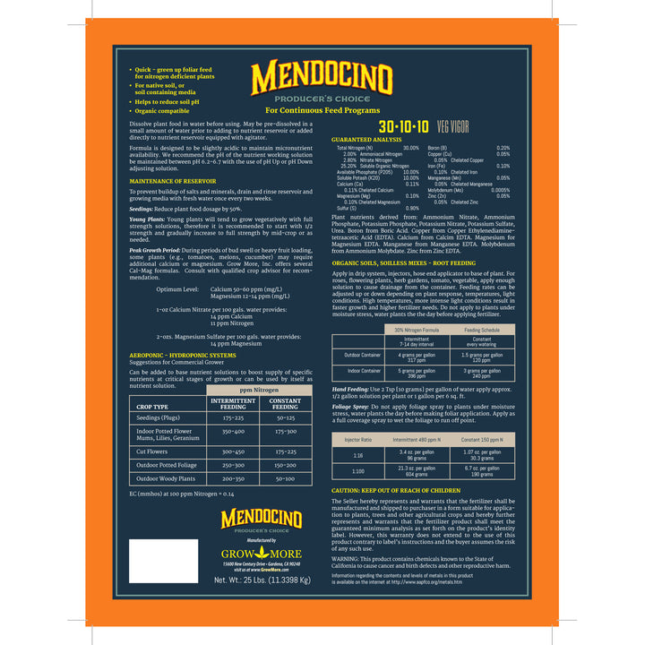 Grow More Mendo Water Soluble Garden and Greenhouse Plant Fertilizer, 25 Pounds - VMInnovations