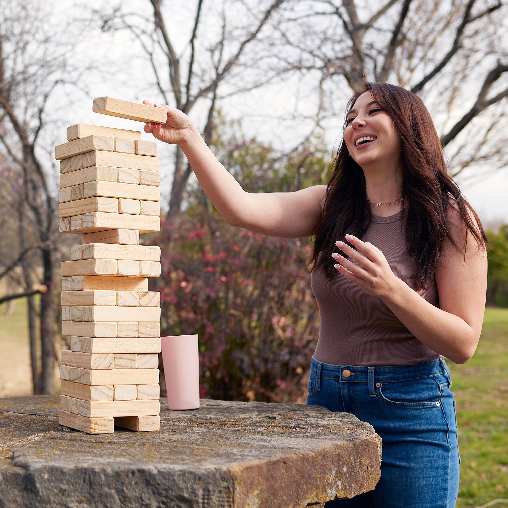Yard Games Large Jr. Tumbling Timbers 21" Wood Block Stacking Game, Natural - VMInnovations