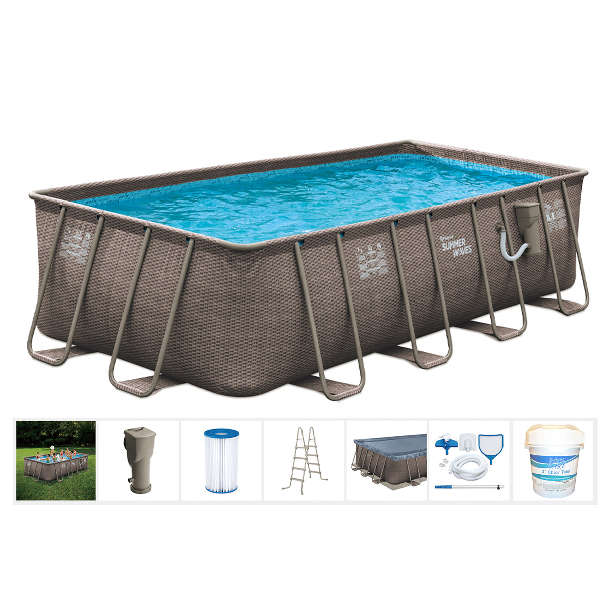 Summer Waves 18ft x 9ft x 52in Above Ground Rectangle Frame Swimming Pool Set