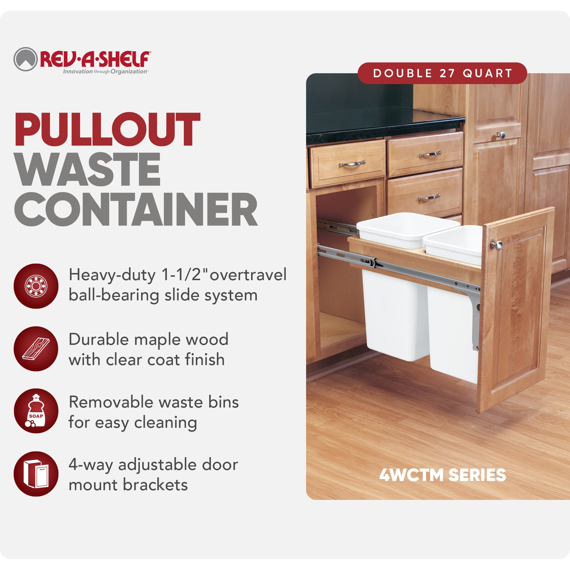 Rev-A-Shelf Double Pullout Top Mount Trash Cans 27 qt., 4WCTM-15DM2-343-FL
