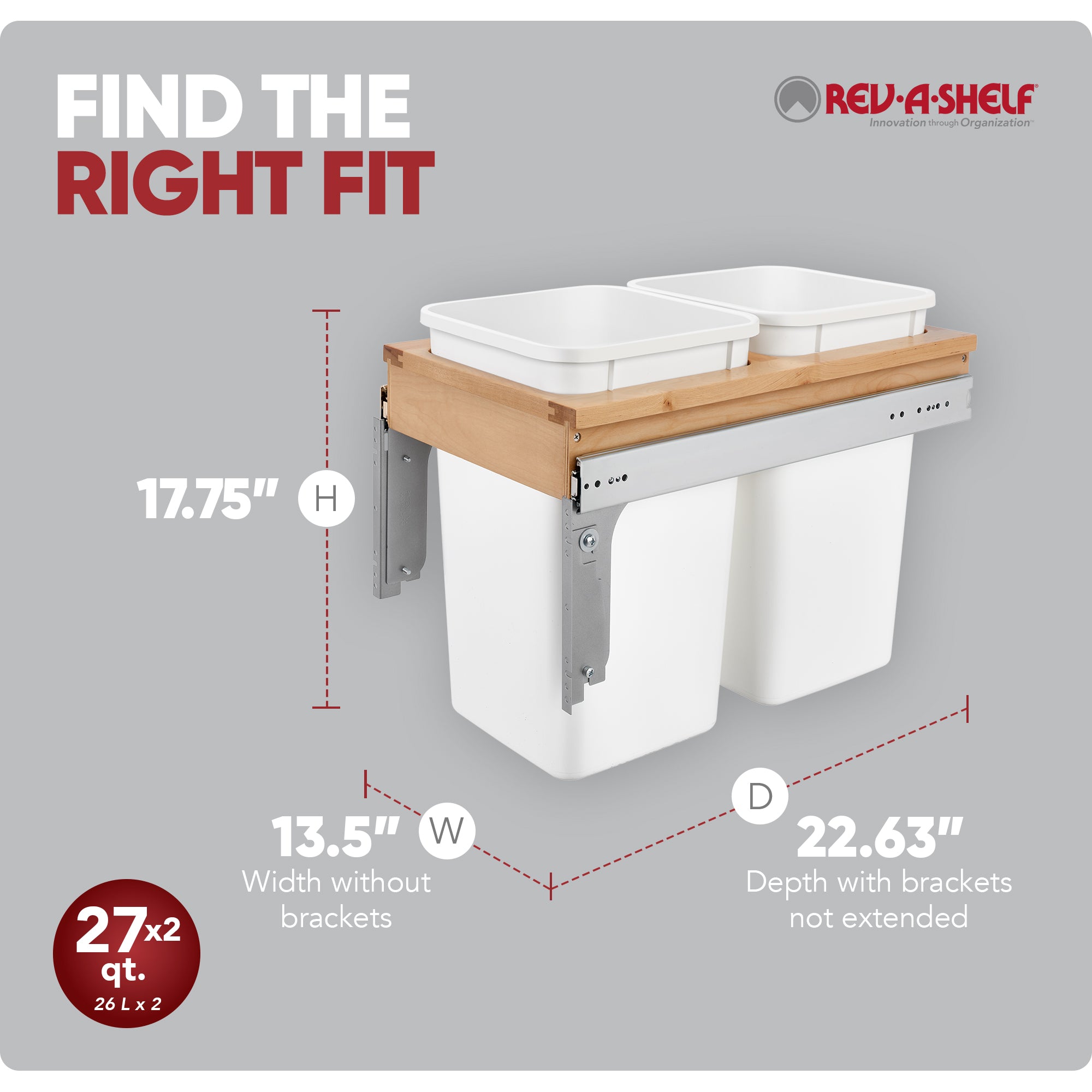 Rev-A-Shelf Double Pullout Top Mount Trash Cans 27 qt., 4WCTM-15DM2-343-FL