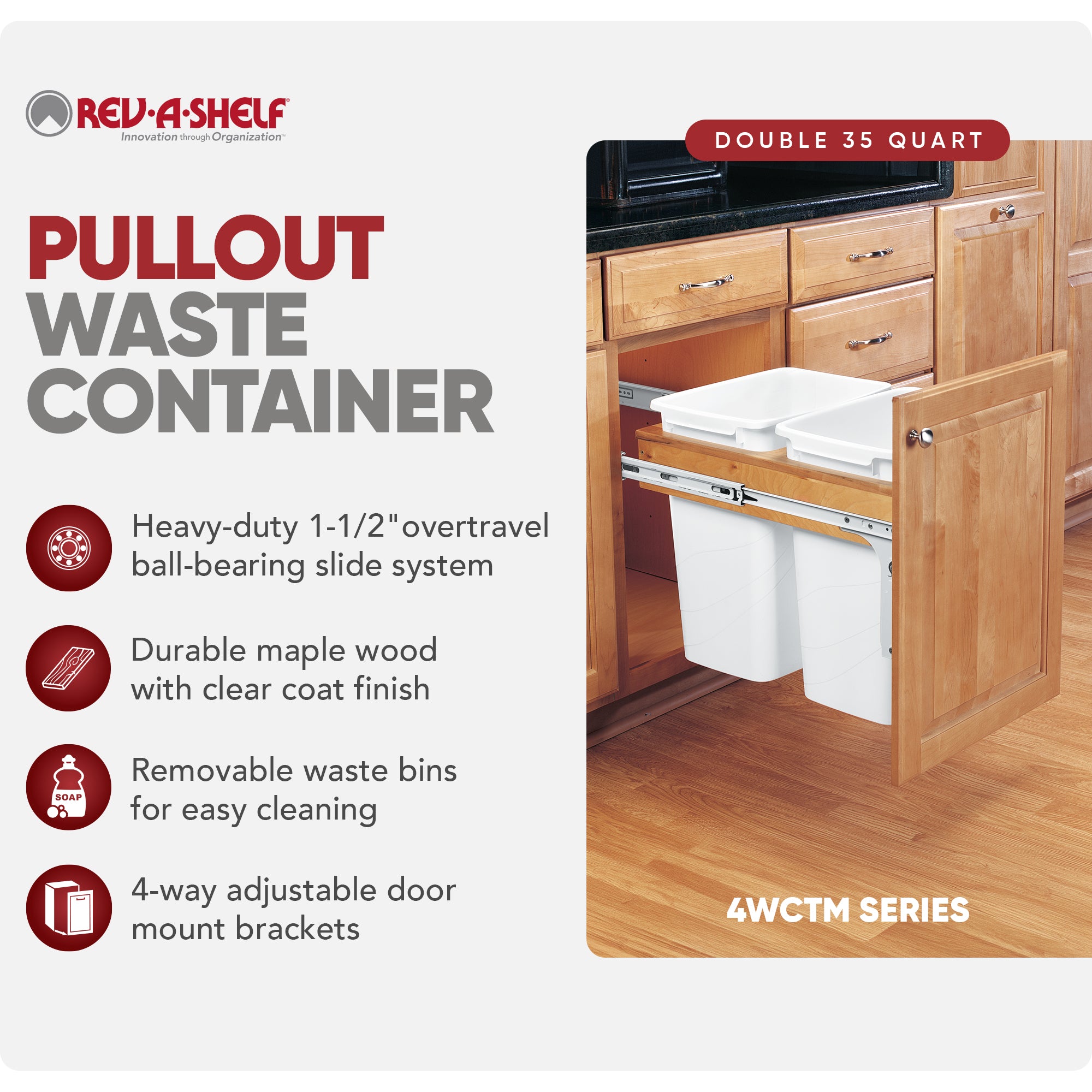 Rev-A-Shelf Double Pullout Top Mount Trash Cans 35 qt., White, 4WCTM-18DM2-175