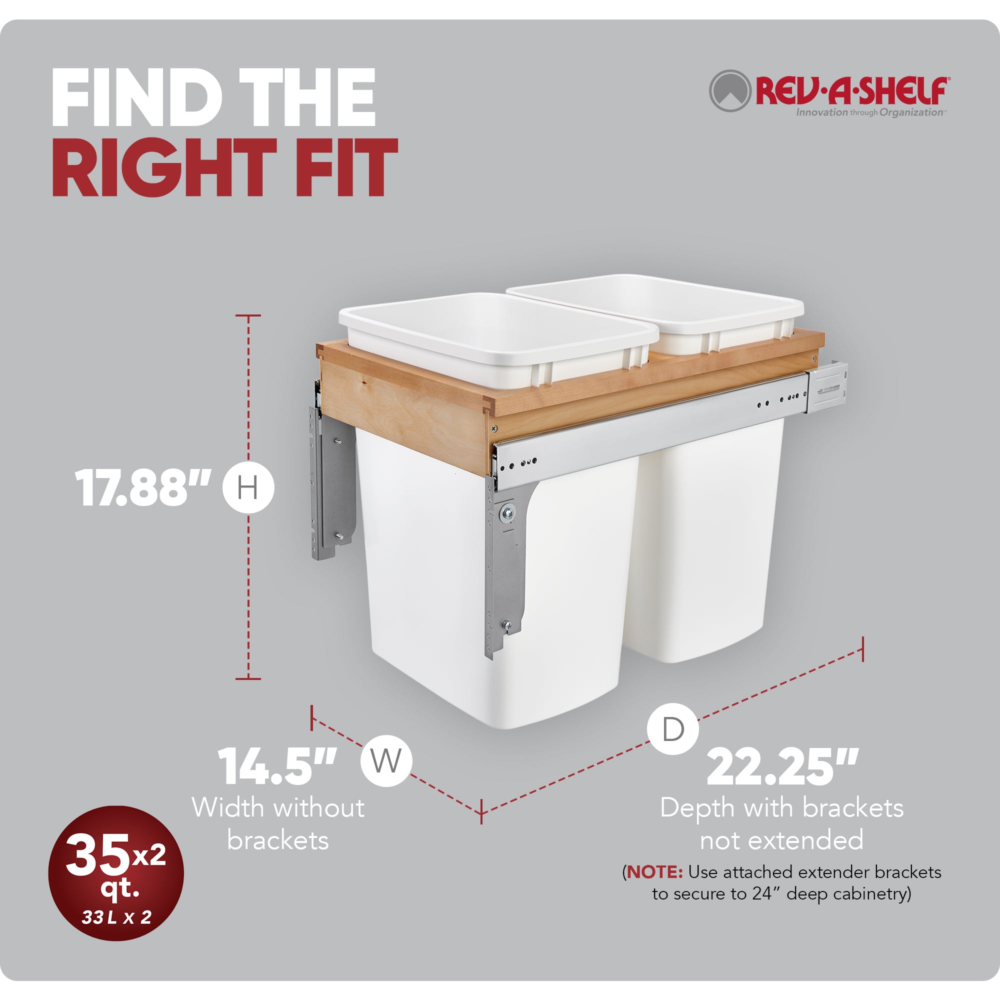Rev-A-Shelf Double Pullout Top Mount Trash Cans 35 qt., White, 4WCTM-18DM2-175