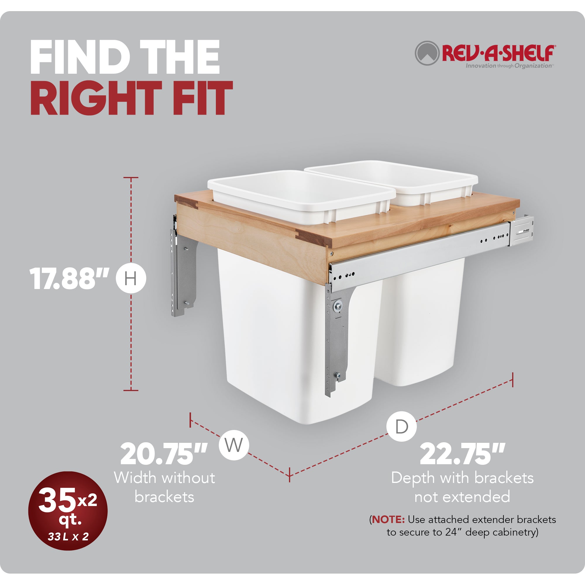 Rev-A-Shelf Double Pullout Top Mount Trash Cans 35 qt., White, 4WCTM-24DM2-162 - VMInnovations