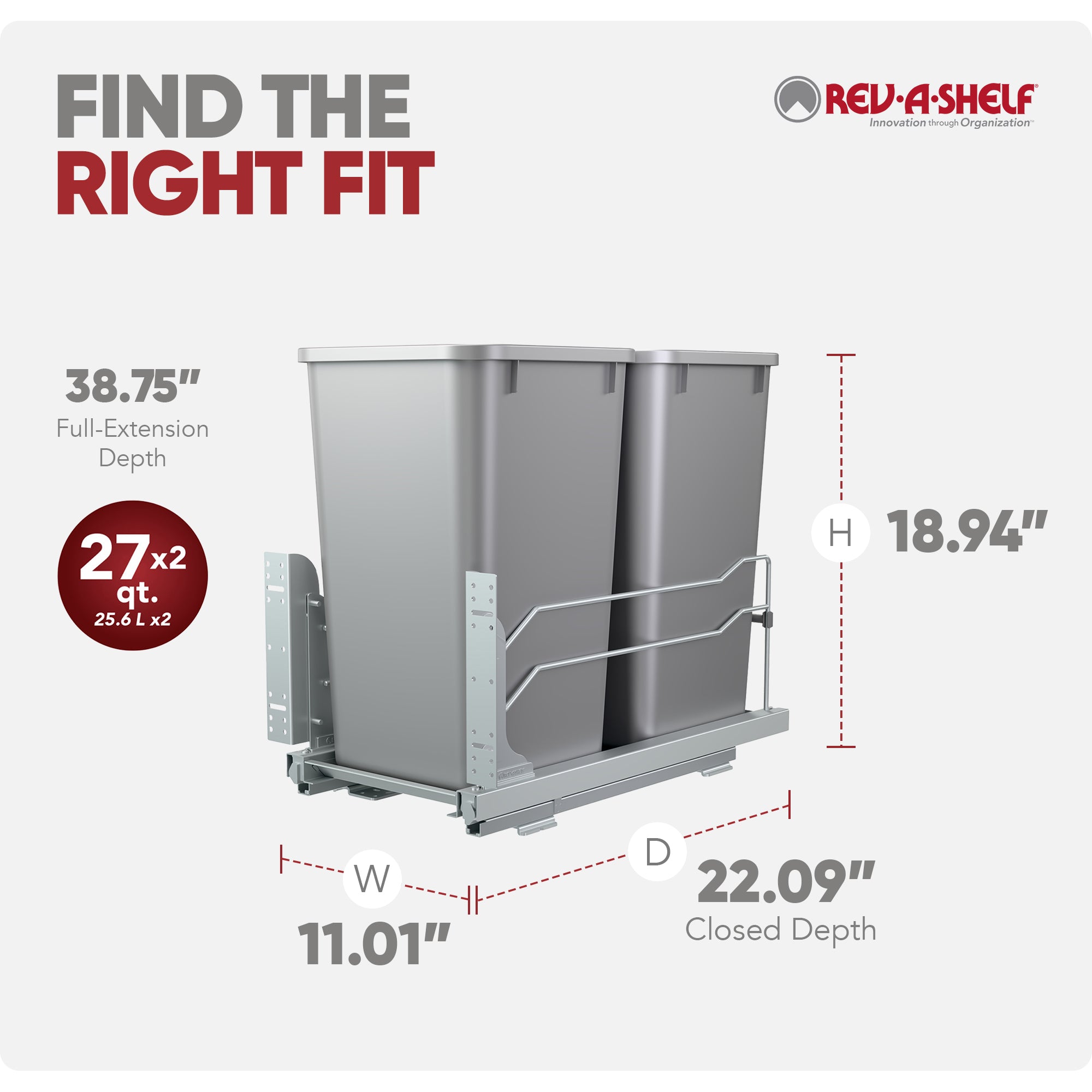 Rev-A-Shelf Double Pullout Trash Can 27 qt. with Soft-close, 53WC-1527SCDM-217 - VMInnovations
