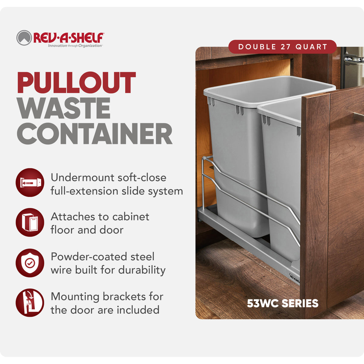 Rev-A-Shelf Double Pullout Trash Can 27 qt. with Soft-close, 53WC-1527SCDM-217