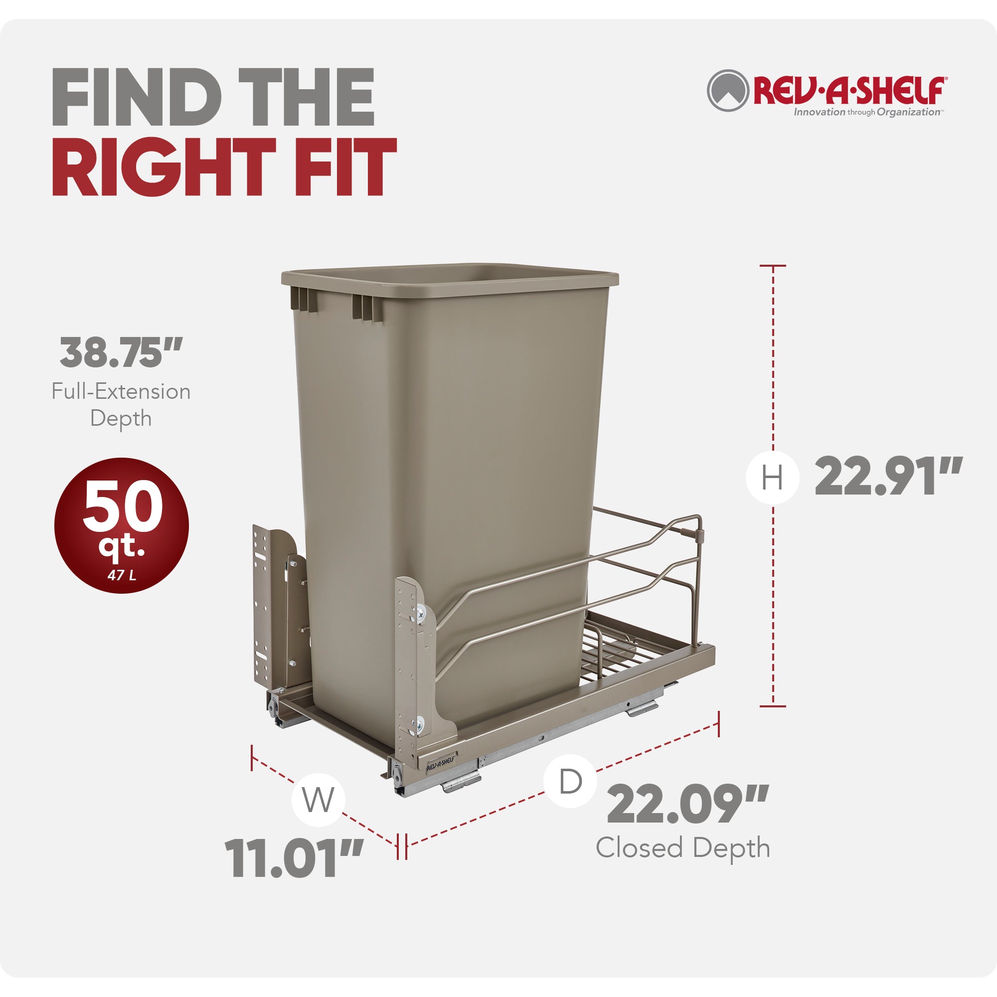 Rev-A-Shelf Pullout Kitchen Trash Can 50 qt. with Soft-close, 53WC-1550SCDM-112 - VMInnovations