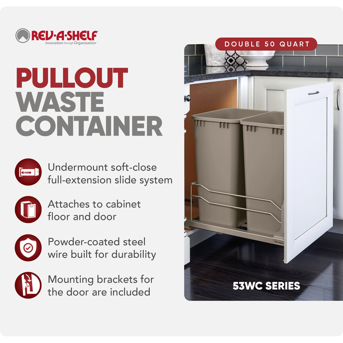 Rev-A-Shelf Double Pullout Trash Cans 50 qt. with Soft-close, 53WC-2150SCDM-212