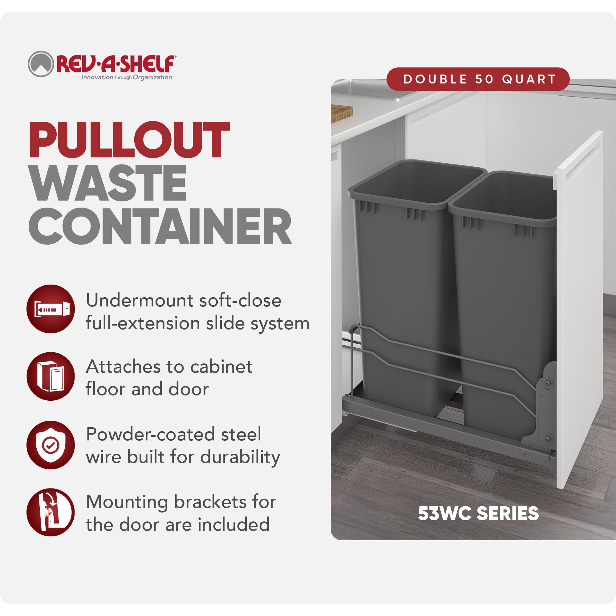 Rev-A-Shelf Double Pullout Trash Can 50 qt. with Soft-close, 53WC-2150SCDM-213 - VMInnovations