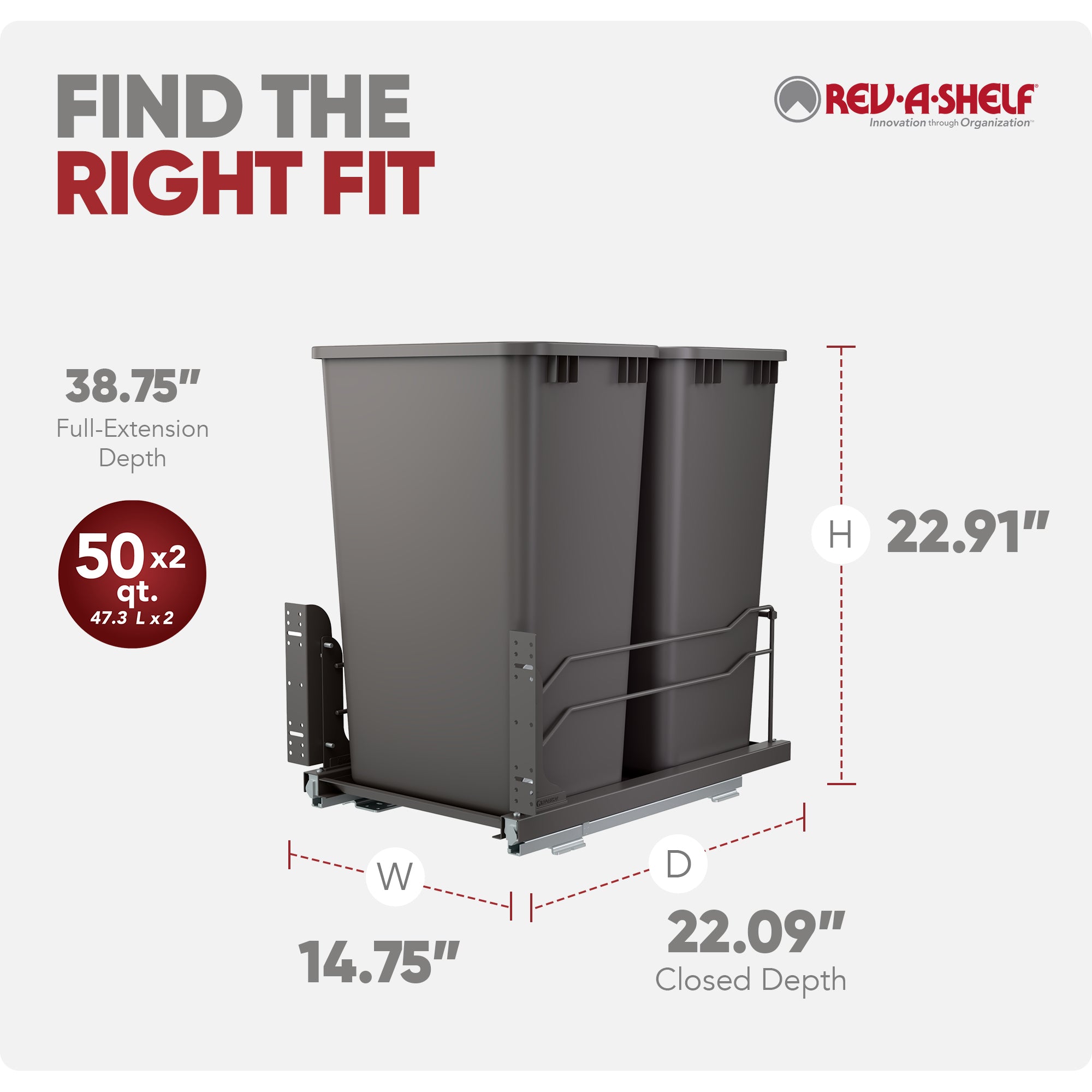 Rev-A-Shelf Double Pullout Trash Can 50 qt. with Soft-close, 53WC-2150SCDM-213