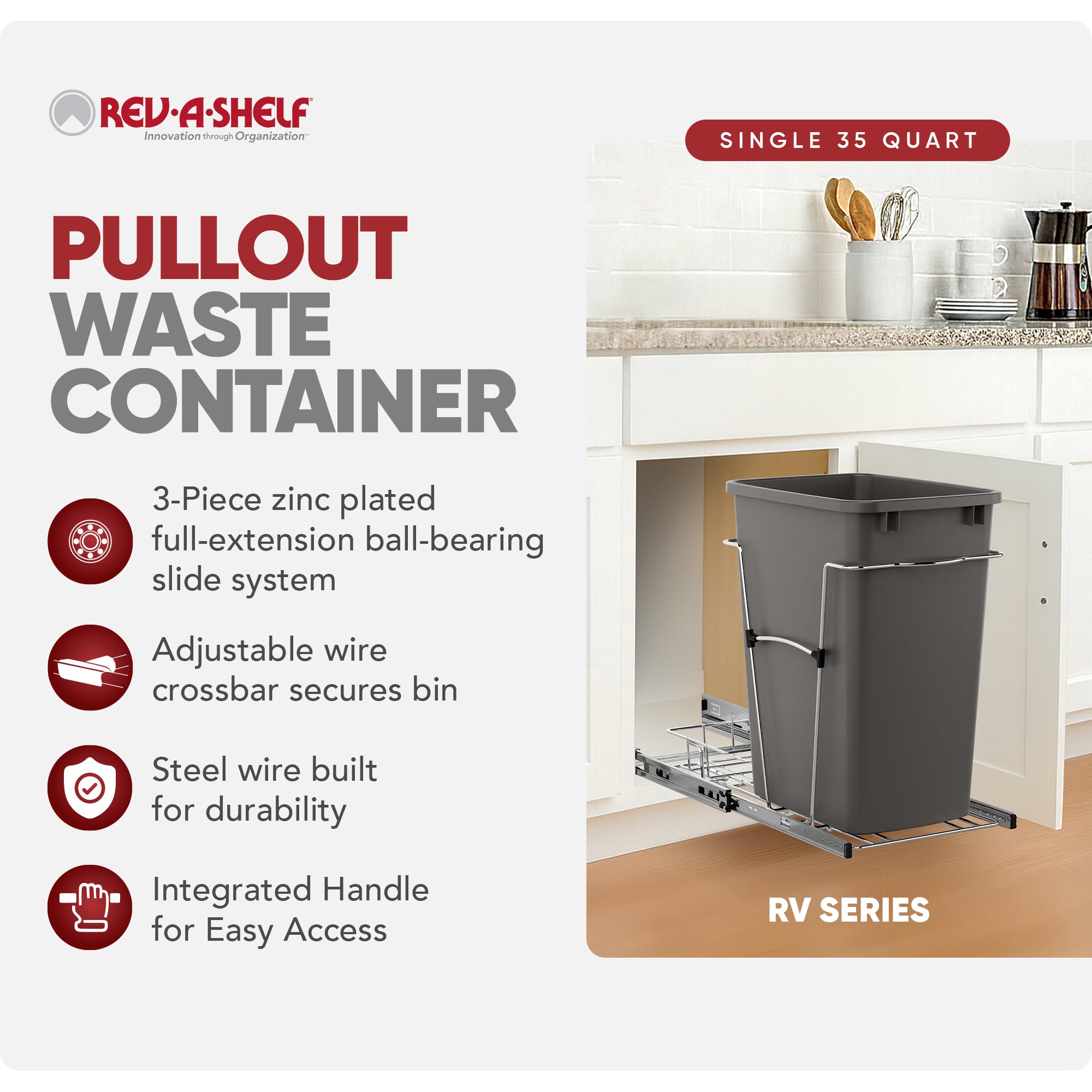 Rev-A-Shelf Pullout Trash Can 35 qt. for Kitchen Cabinets, Gray, RV-12KD-13C-S