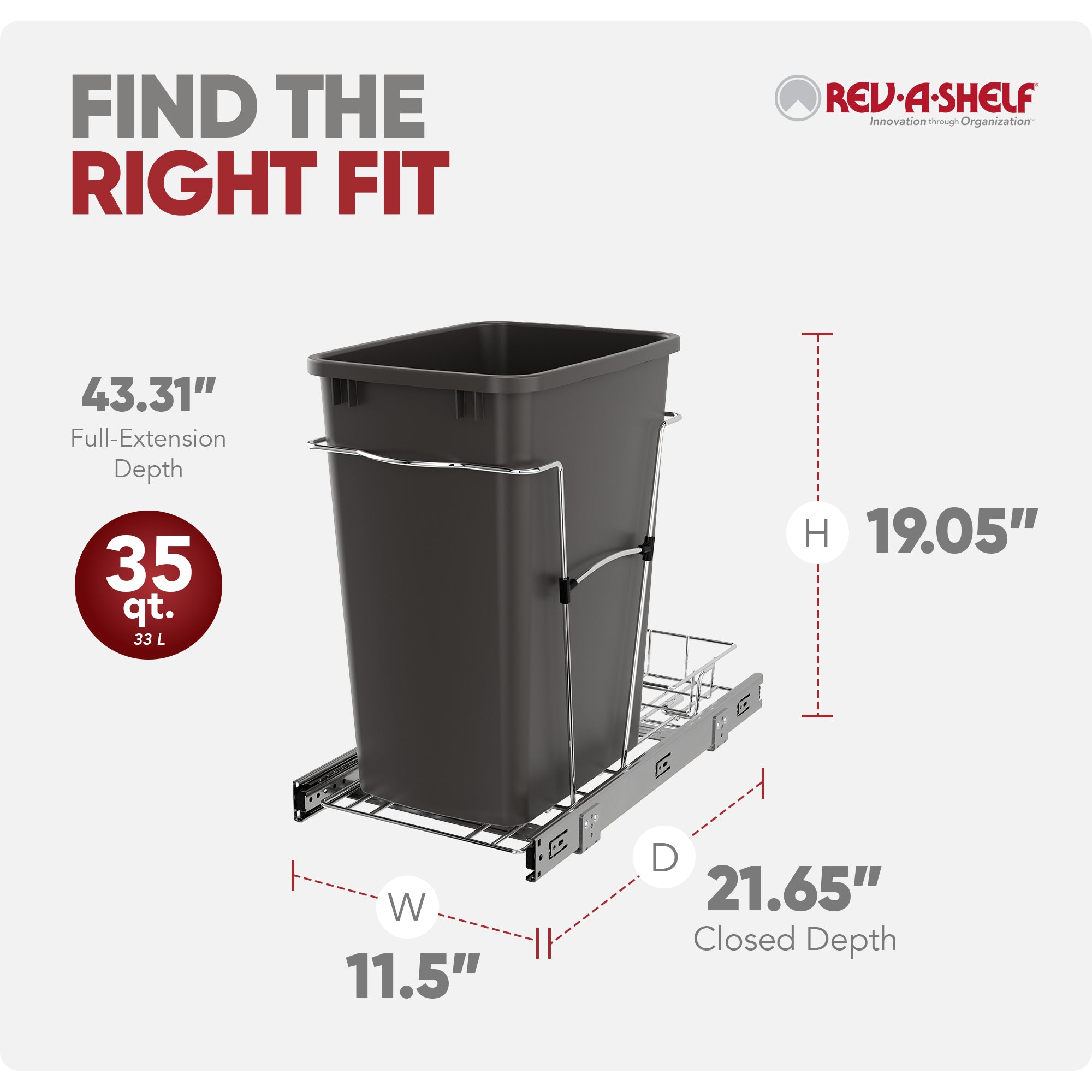 Rev-A-Shelf Pullout Trash Can 35 qt. for Kitchen Cabinets, Gray, RV-12KD-13C-S