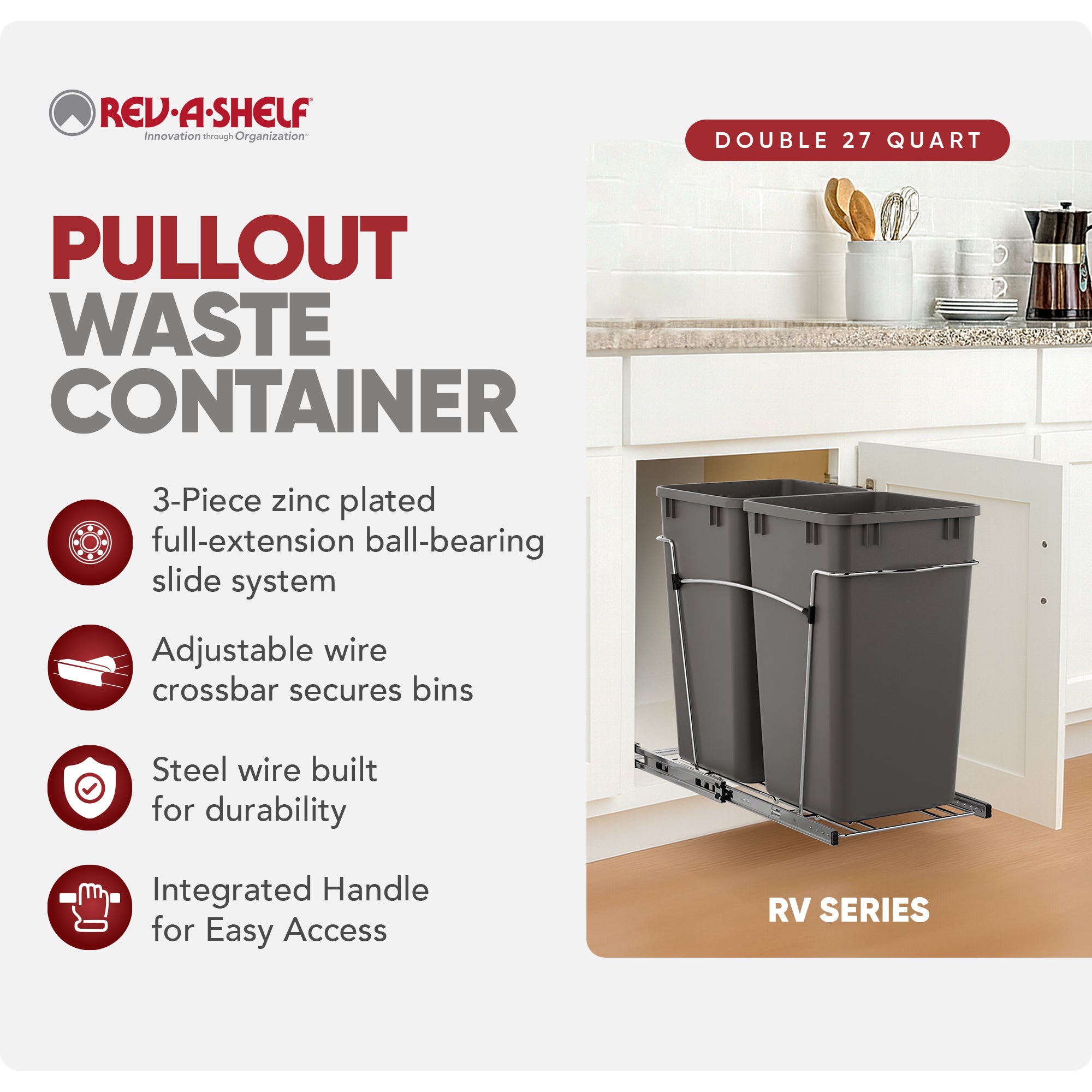 Rev-A-Shelf Double Pullout Trash Can 27 qt. for Kitchen, Gray, RV-15KD-13C-S