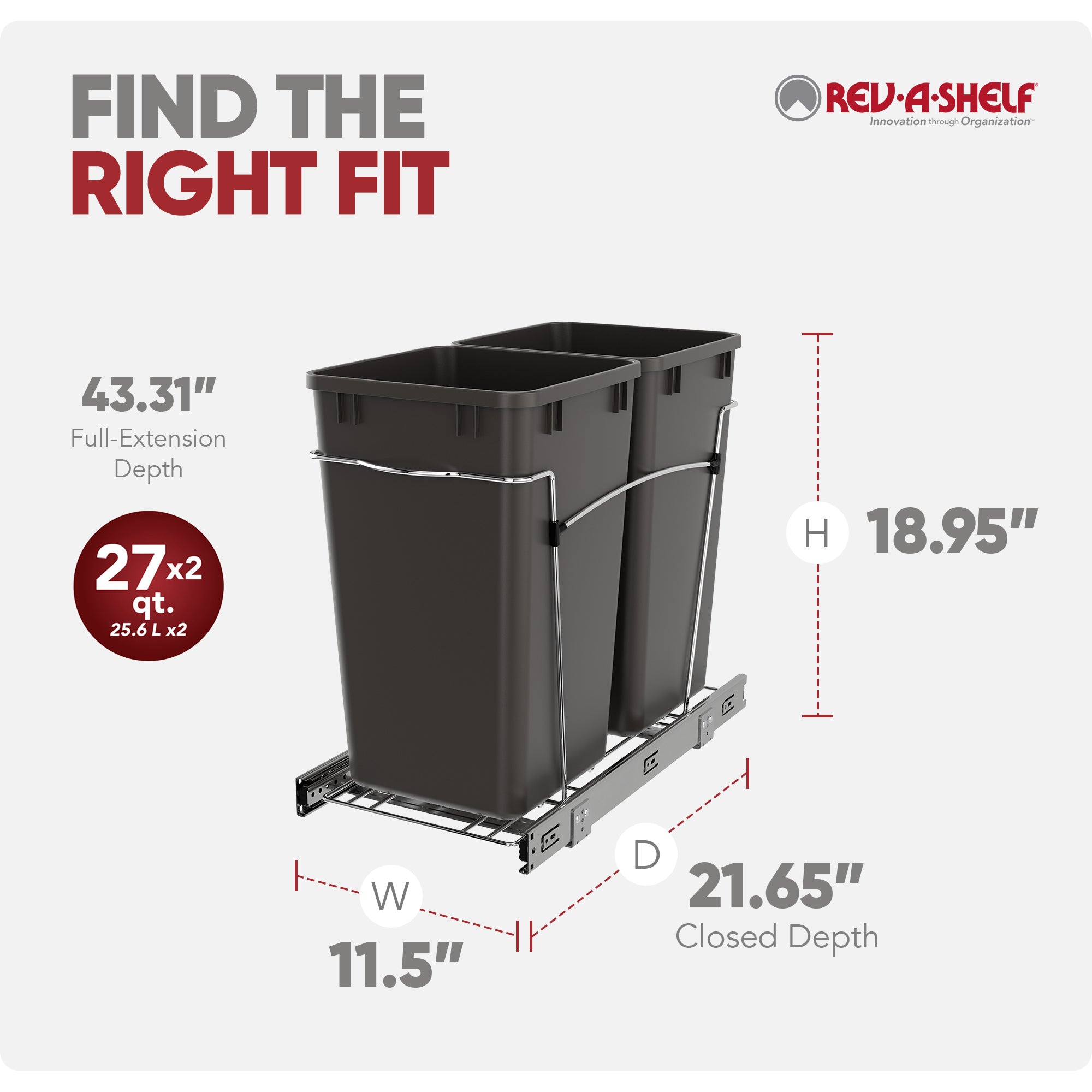 Rev-A-Shelf Double Pullout Trash Can 27 qt. for Kitchen, Gray, RV-15KD-13C-S