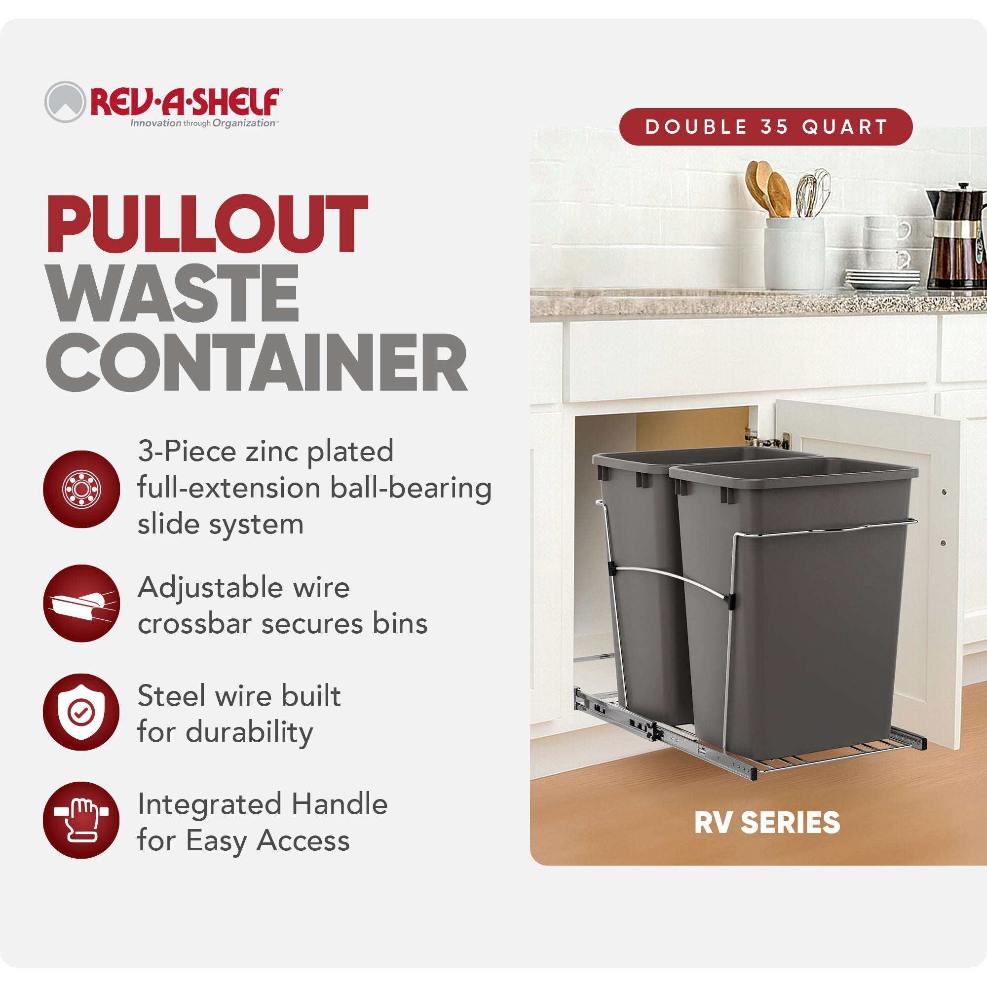 Rev-A-Shelf Double Pullout Trash Can 35 qt. for Kitchen, Gray, RV-18KD-13C-S