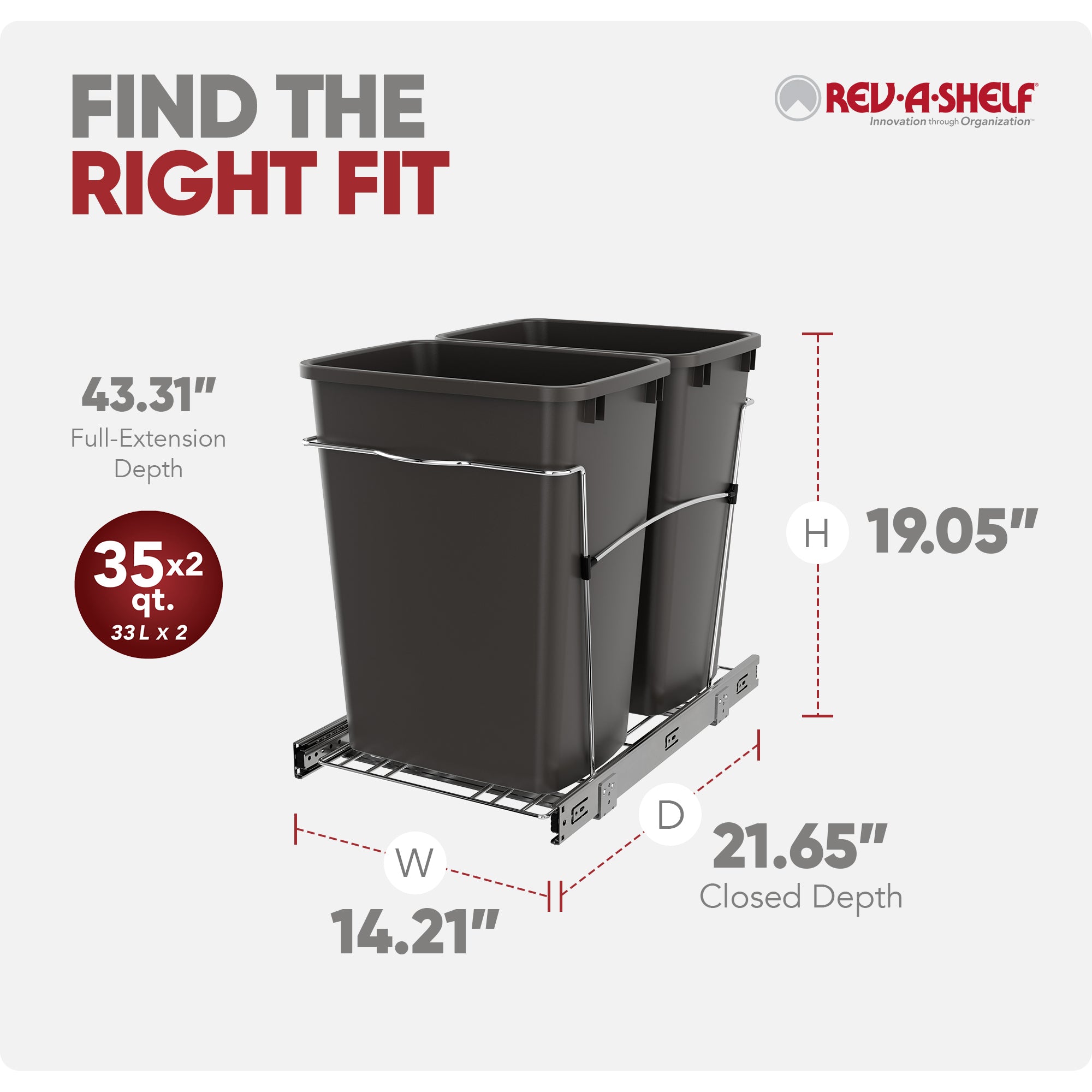 Rev-A-Shelf Double Pullout Trash Can 35 qt. for Kitchen, Gray, RV-18KD-13C-S