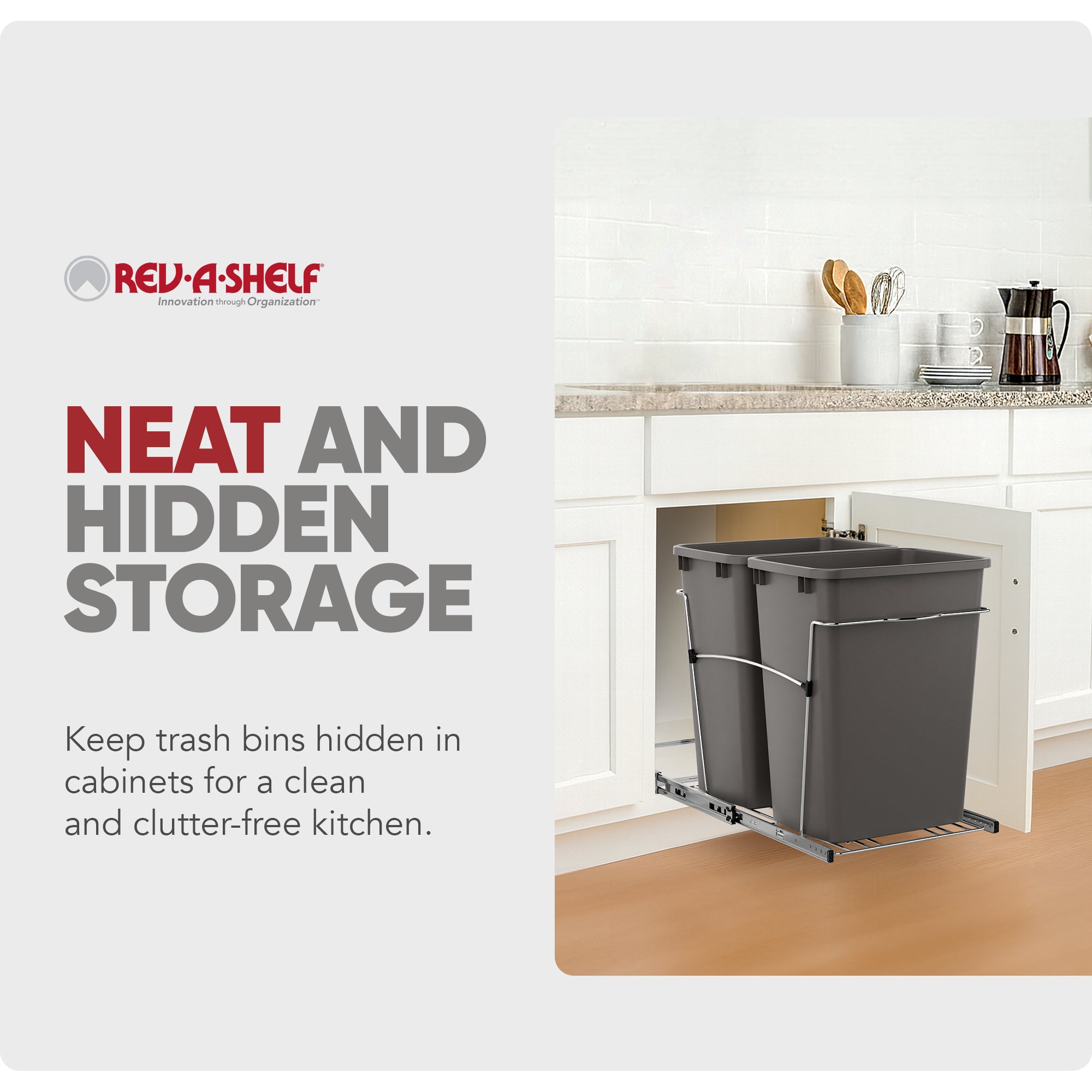 Rev-A-Shelf Double Pullout Trash Can 35 qt. for Kitchen, Gray, RV-18KD-13C-S - VMInnovations