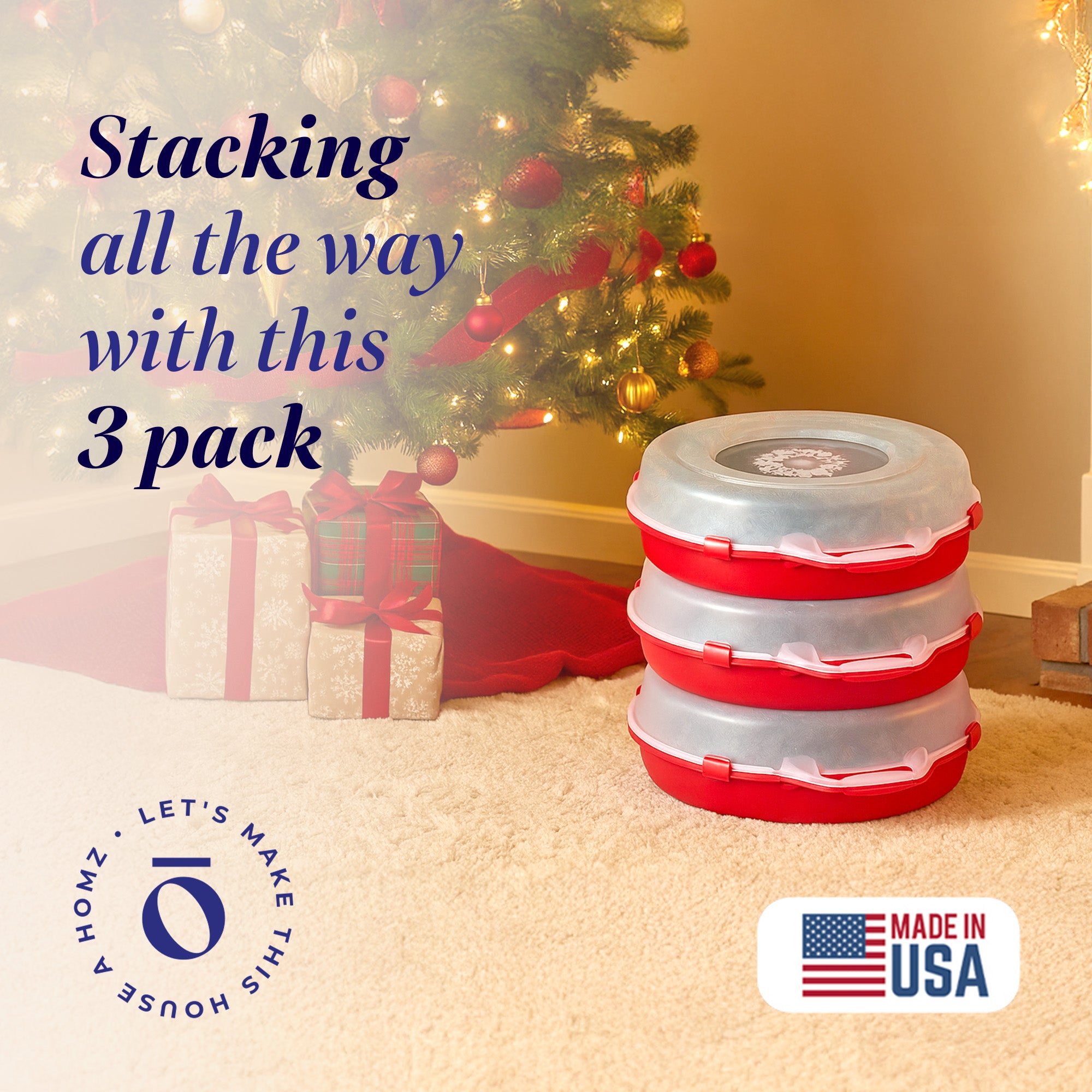Homz 24 Inch Seasonal Holiday Christmas Plastic Wreath Storage Box, Red Set of 3 (Refurbished)