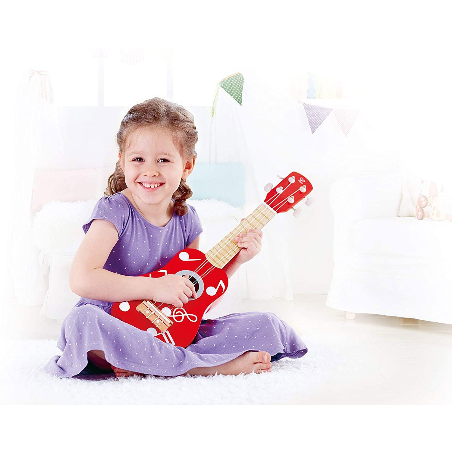 Hape 4 String Wooden Ukulele Toy Children's Tuneable Musical Instrument, Dot Red (Refurbished)