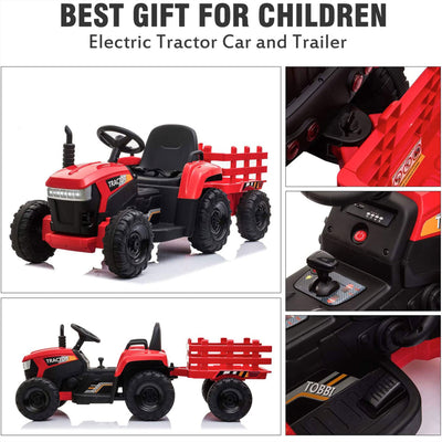 TOBBI 12V Kids Electric Battery-Powered Ride On Toy Tractor with Trailer, Red