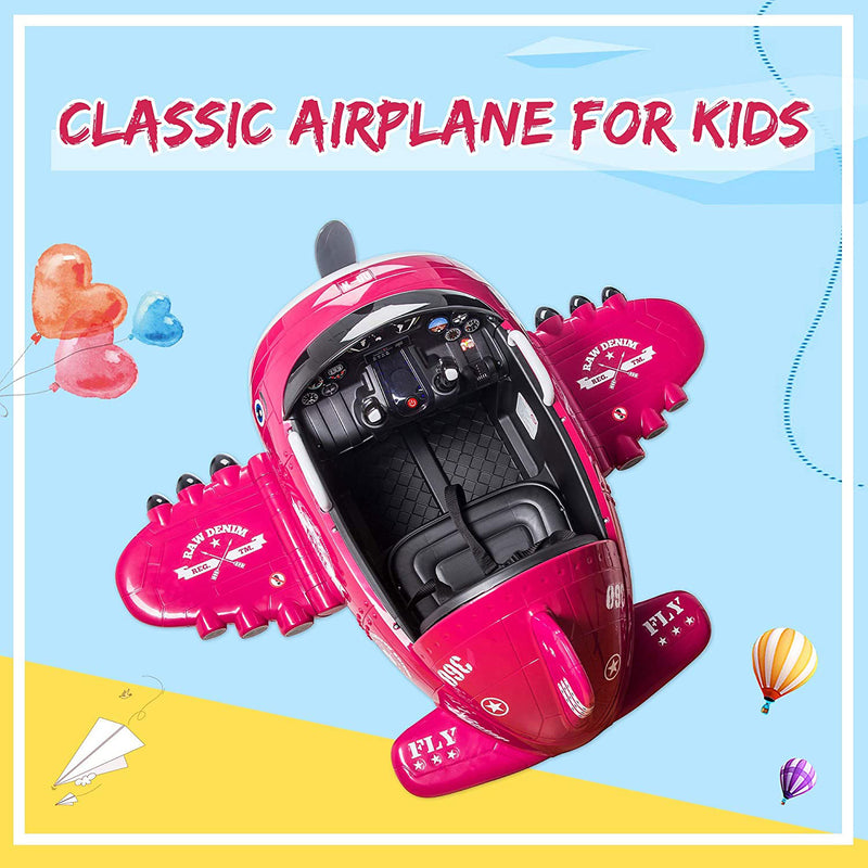 TOBBI 12V Airplane Style Electric Kids Ride On Toy w/ Joystick Control, Rose Red