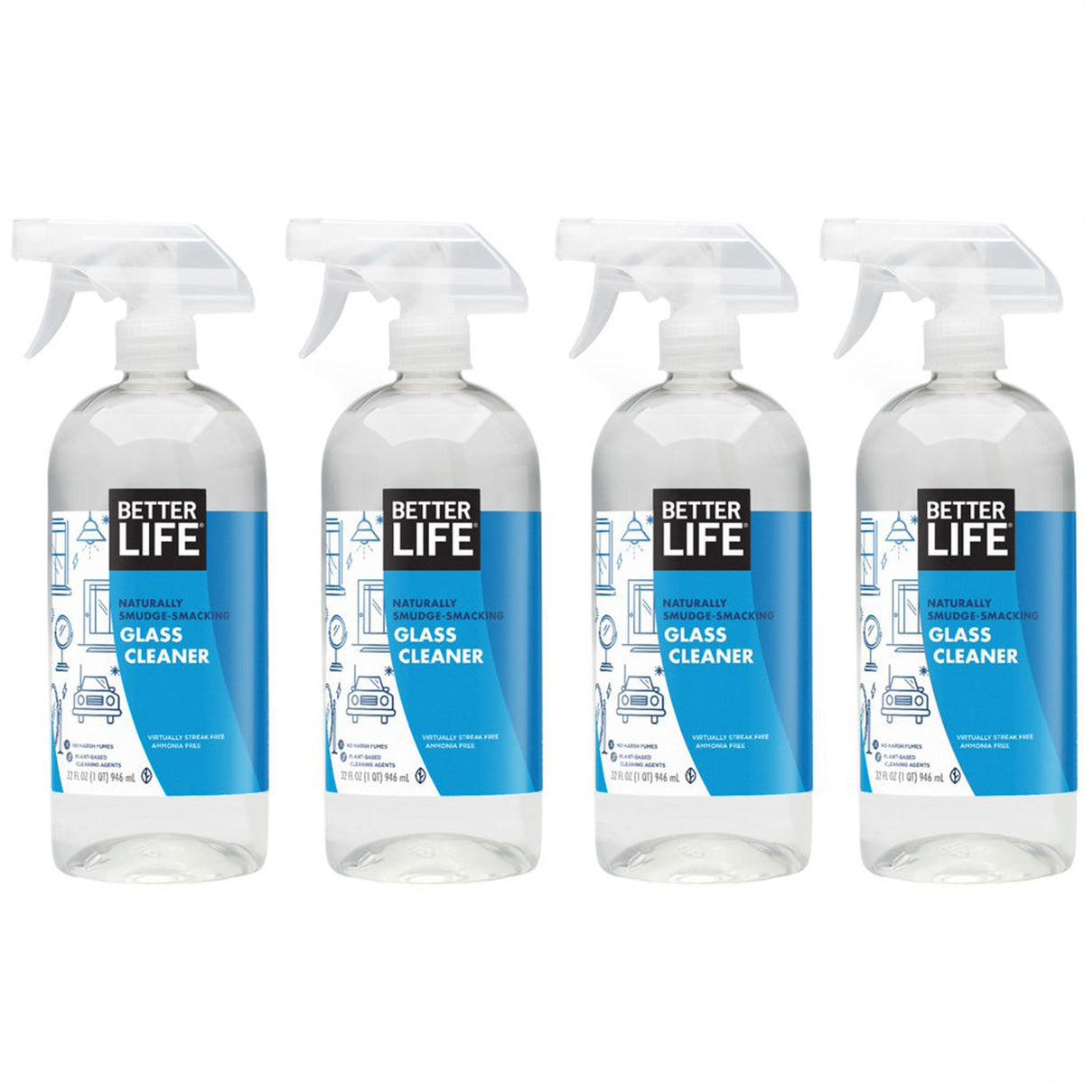 Better Life Unscented Natural Streak Free Glass Cleaner Spray, 32 Oz (4 Pack)