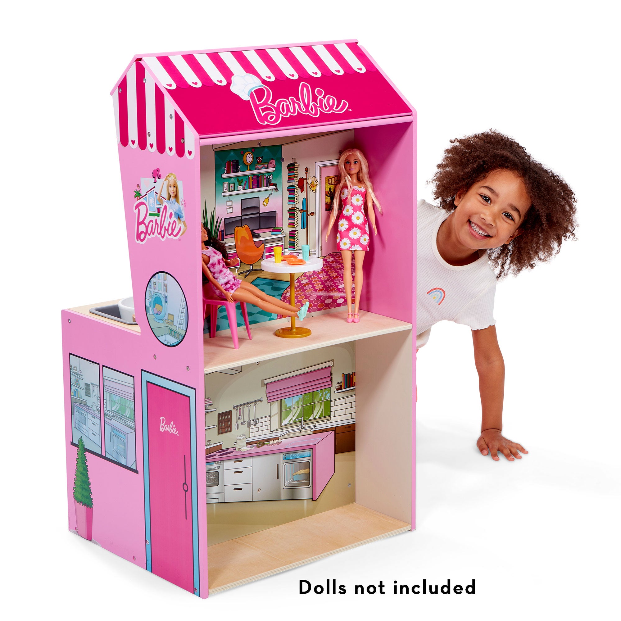 2 In 1 Barbie Pretend Play Toy Kitchen and Dollhouse for Kids 3 & Up (Open Box) - VMInnovations