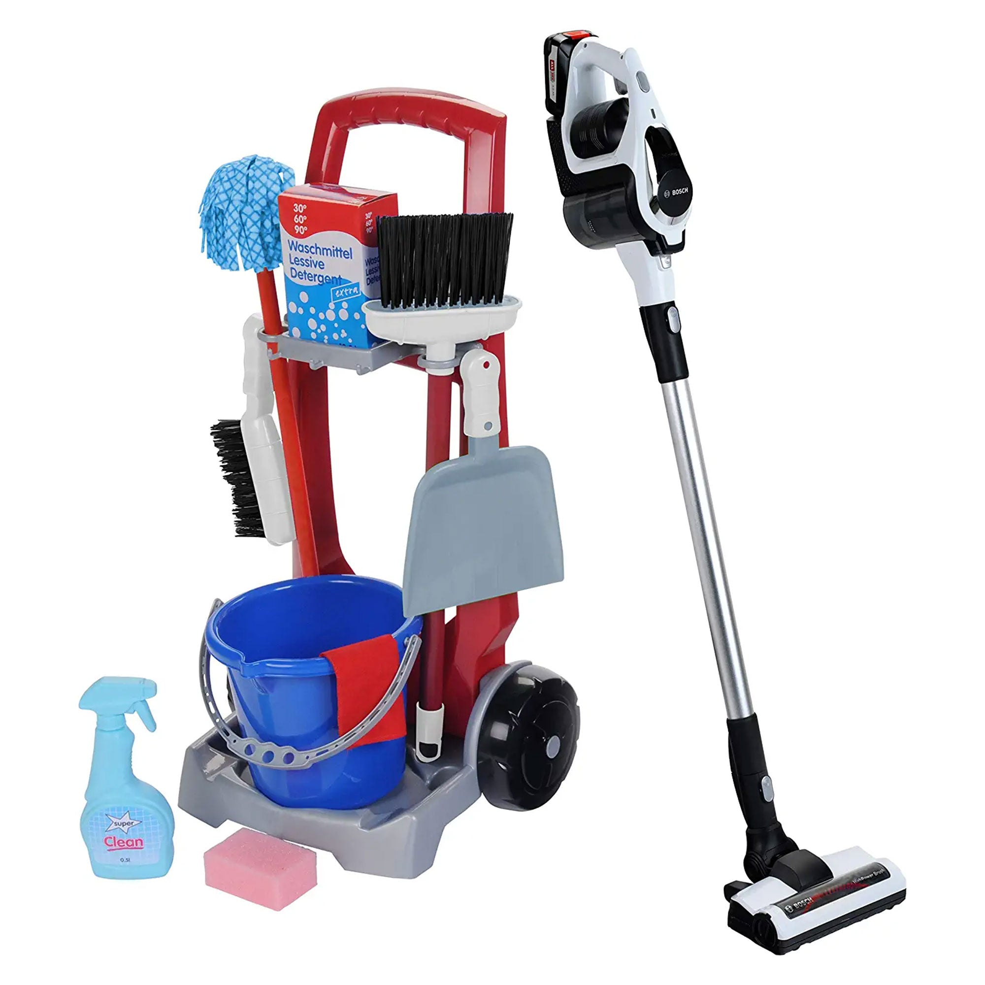 Theo Klein 11 Piece Kids Pretend Play Cleaning Cart Set w/ Mop, Broom, & Vacuum (For Parts)