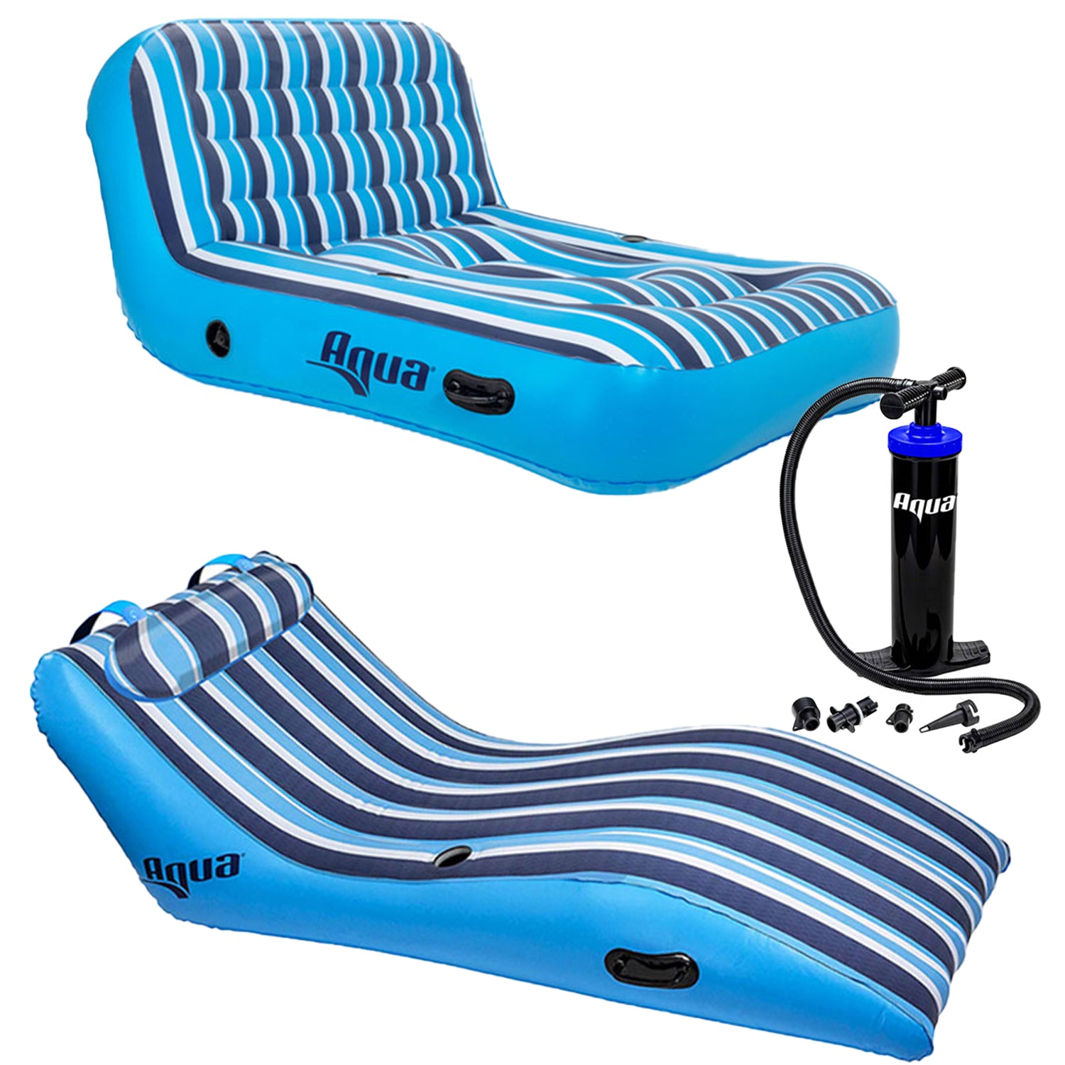 Aqua Lounge 1 Person Pool Float & 2 Person Pool Float Lounger w/ Hand Pump, Blue - VMInnovations