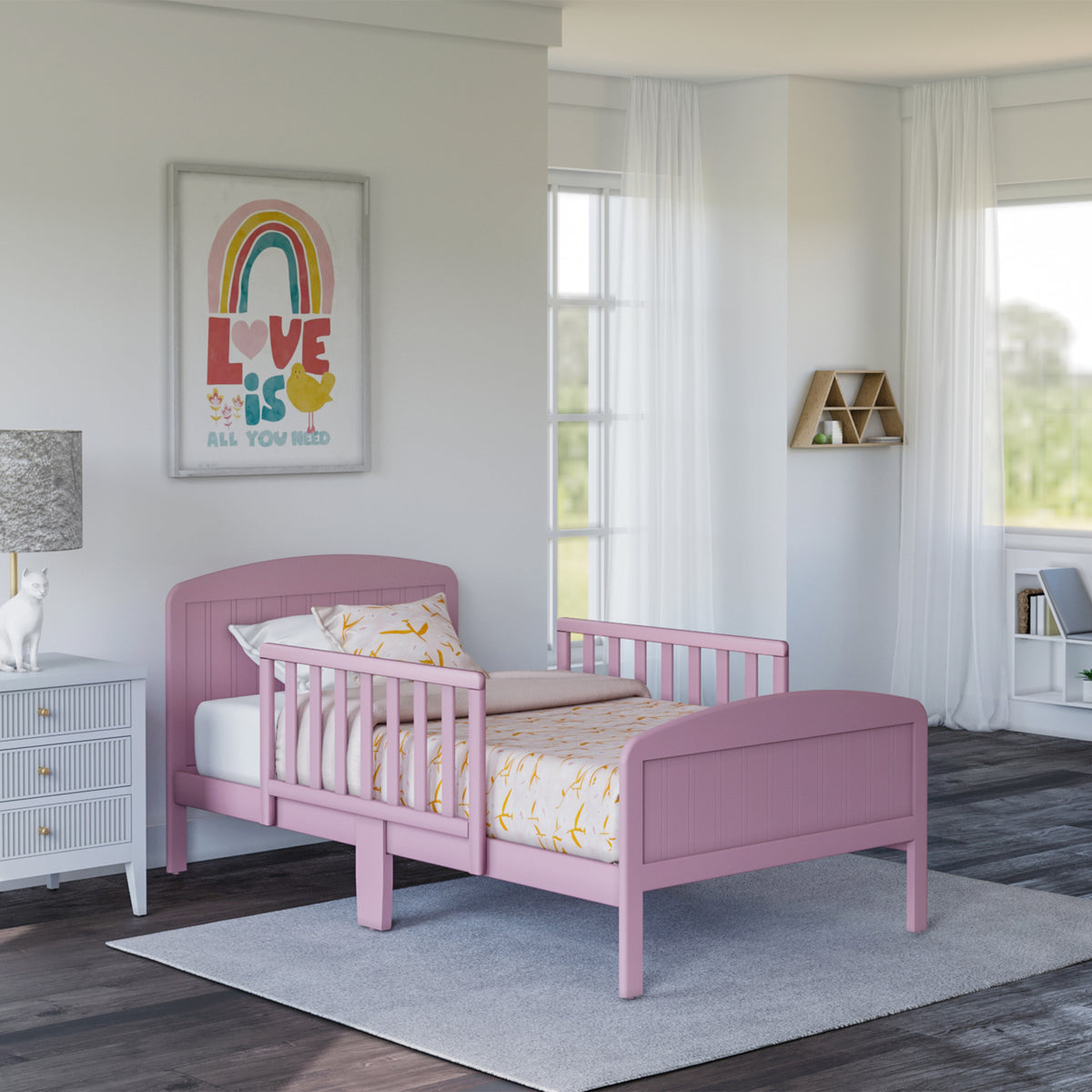 Rack Furniture Harrisburg Solid Wood Toddler Kids Bed with Side Rails, Pink - VMInnovations