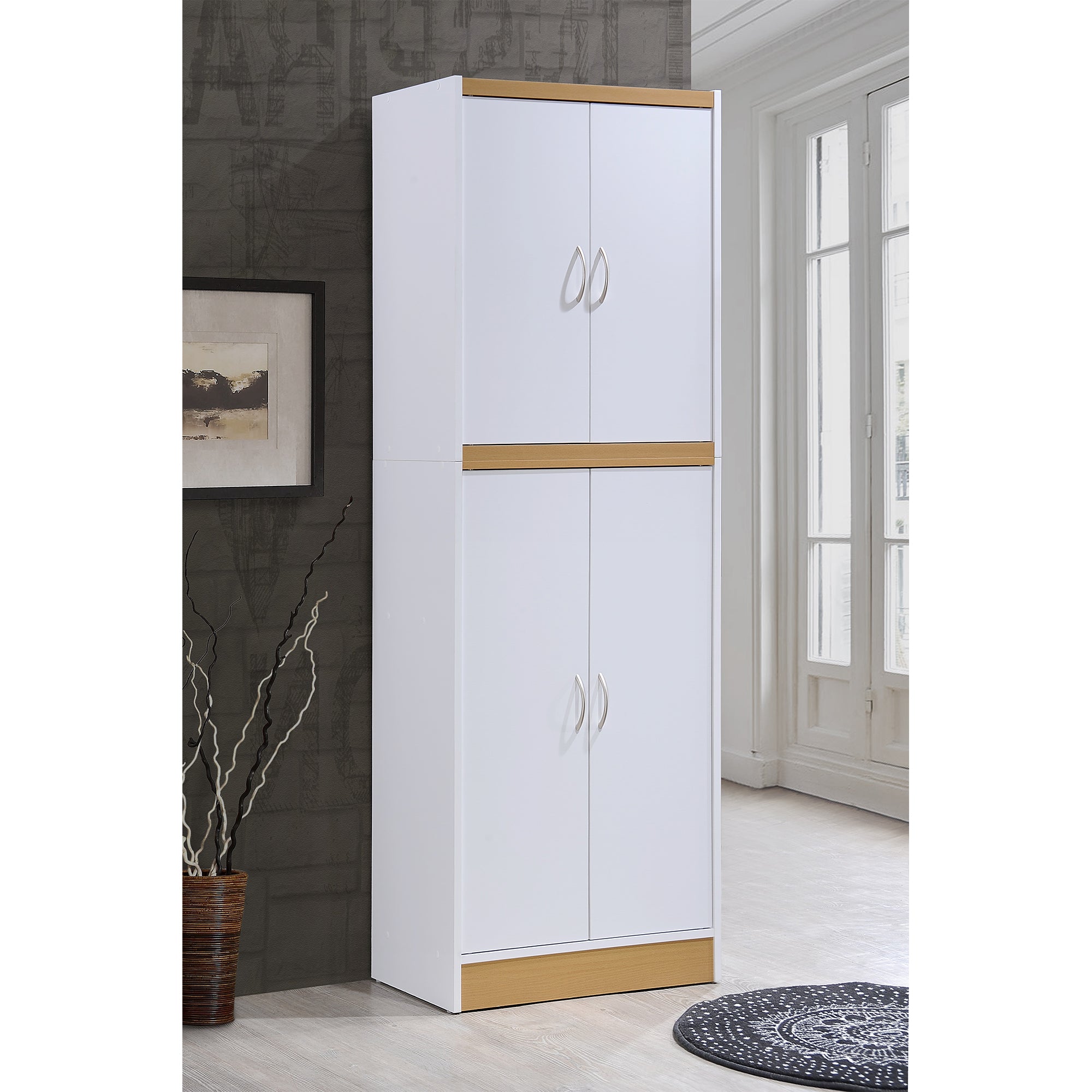 Hodedah HI224 Dining Room Storage 4 Door Kitchen Pantry China Cabinet(Open Box)