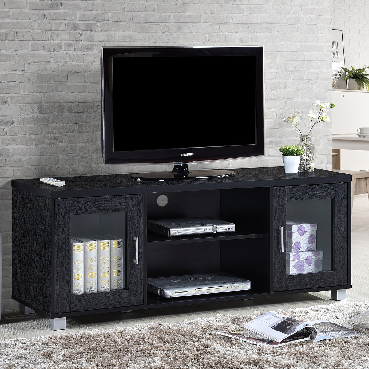 Hodedah Import HITV107 TV Stand Console with Cabinets and Open Shelves, Black