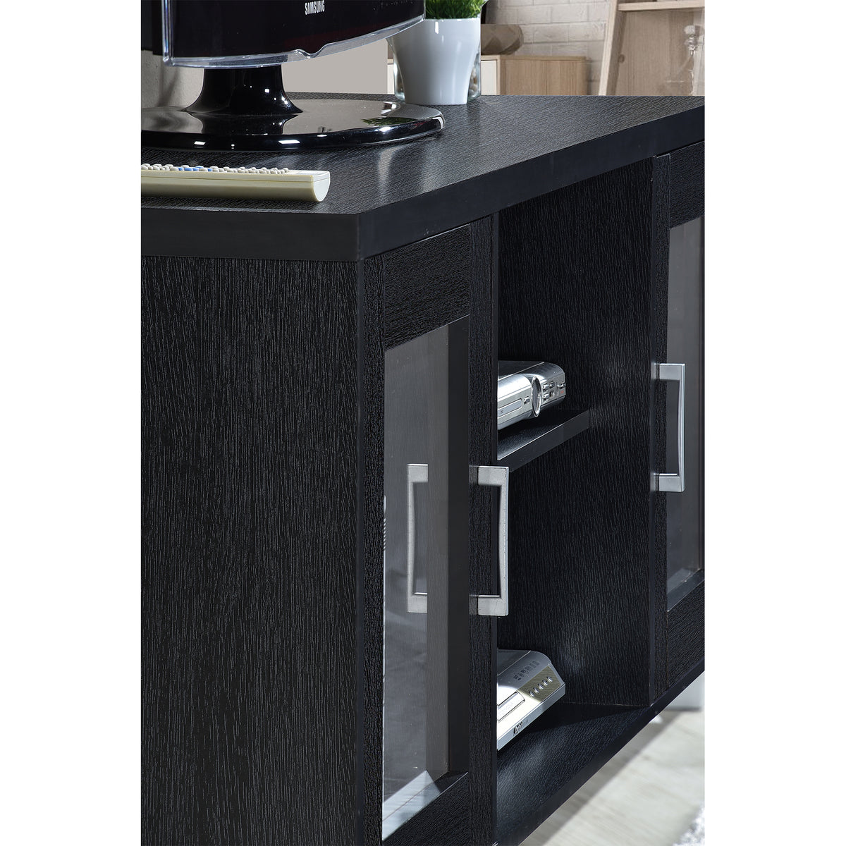 Hodedah Import HITV107 TV Stand Console with Cabinets and Open Shelves, Black