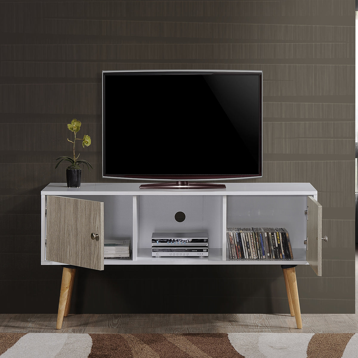 Hodedah Import HITV435 Retro TV Stand w/ 2 Closed Storage Cabinets, White & Gray