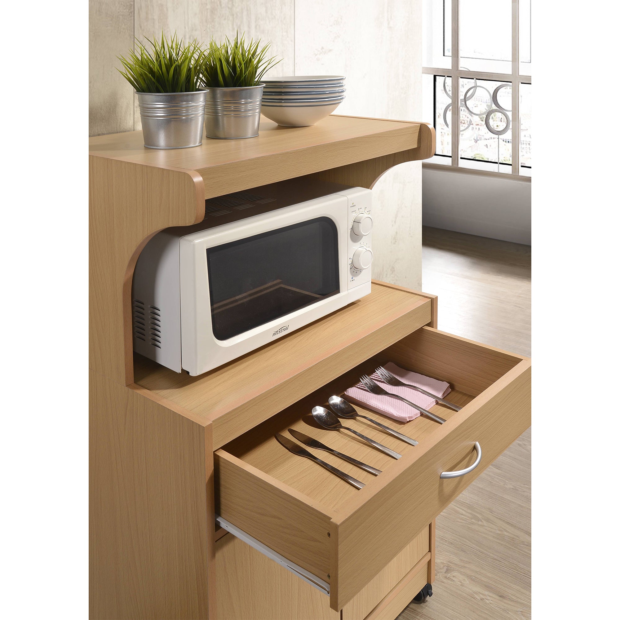 Hodedah Wheeled Microwave Cart with Drawer and Cabinet Storage, Beech (Open Box)