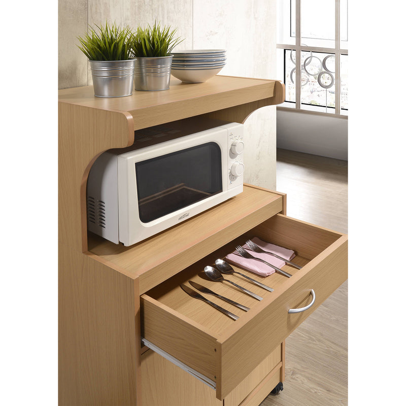 Hodedah Wheeled Kitchen Microwave Cart with Drawer and Cabinet Storage, Beech