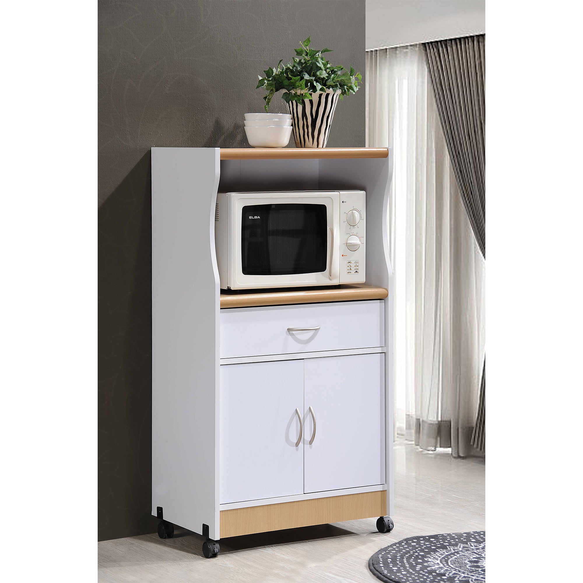 Hodedah Wheeled Kitchen Microwave Cart w/ Drawer and Cabinet Storage (Open Box)