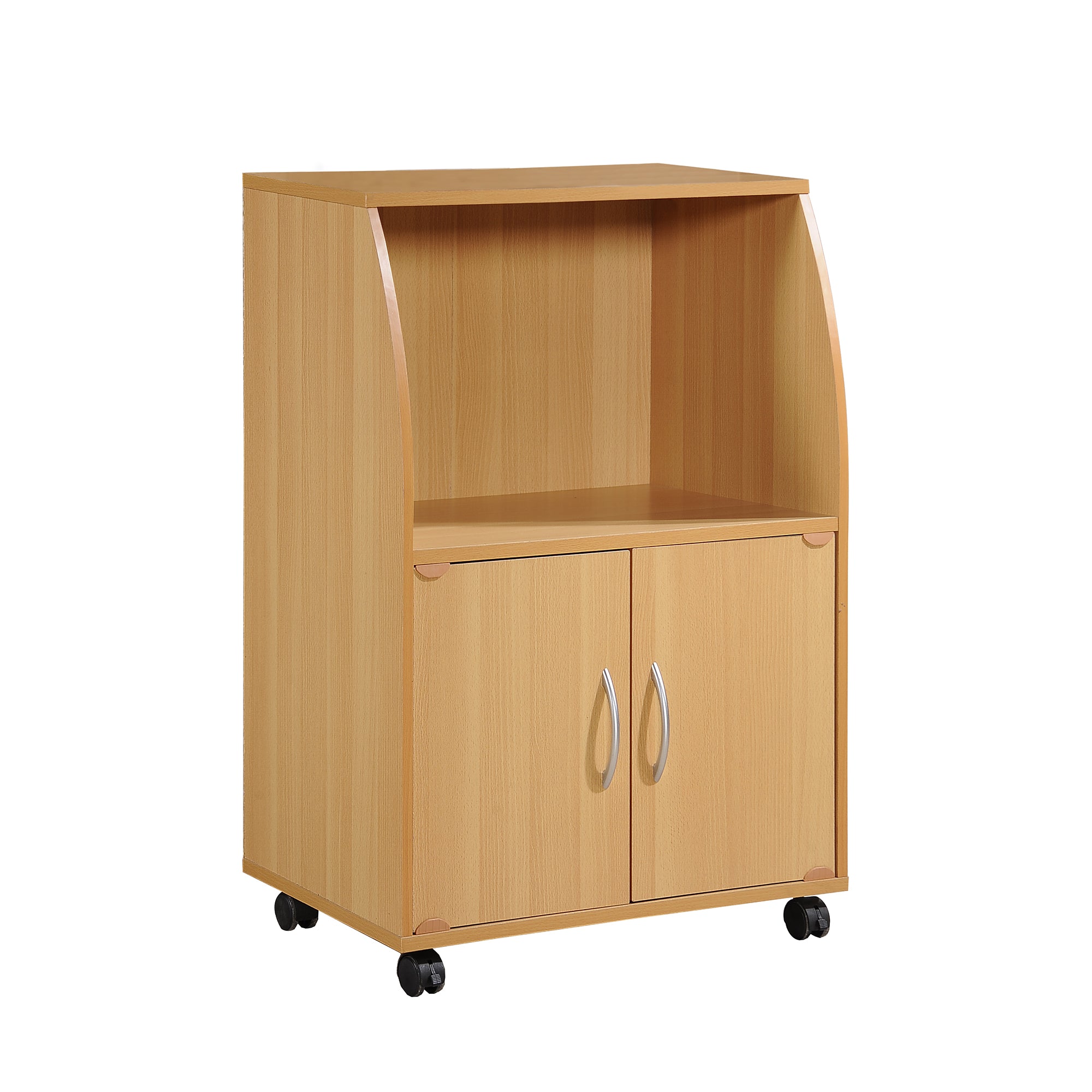 Hodedah Wooden Mini Wheeled Microwave Island Cart with Cabinet Storage, Beech - VMInnovations