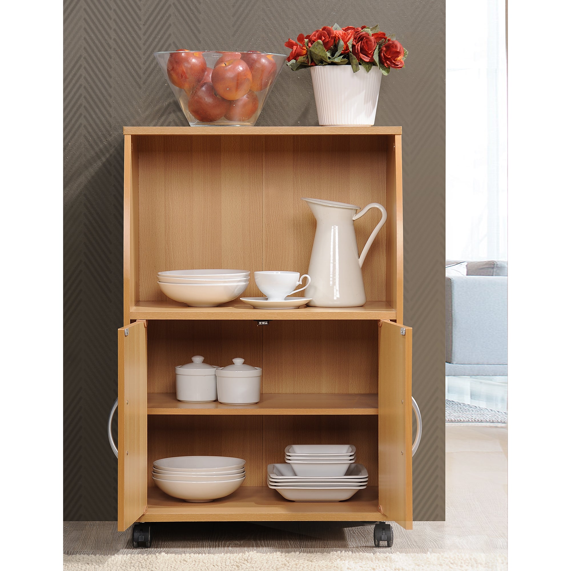 Hodedah Wooden Mini Wheeled Microwave Island Cart w/ Cabinet Storage (Open Box)