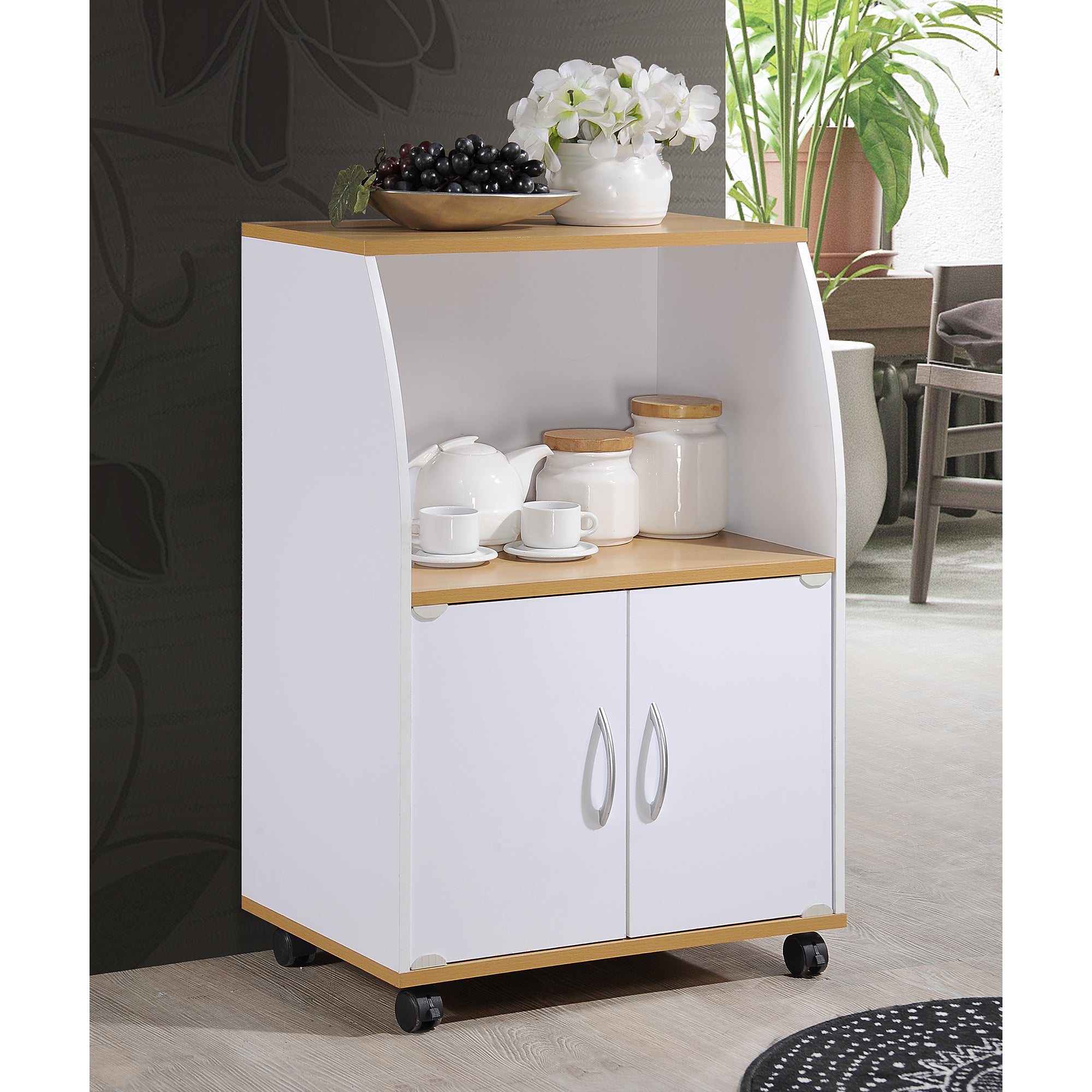 Hodedah Wooden Mini Wheeled Microwave Island Cart with Cabinet Storage, White - VMInnovations