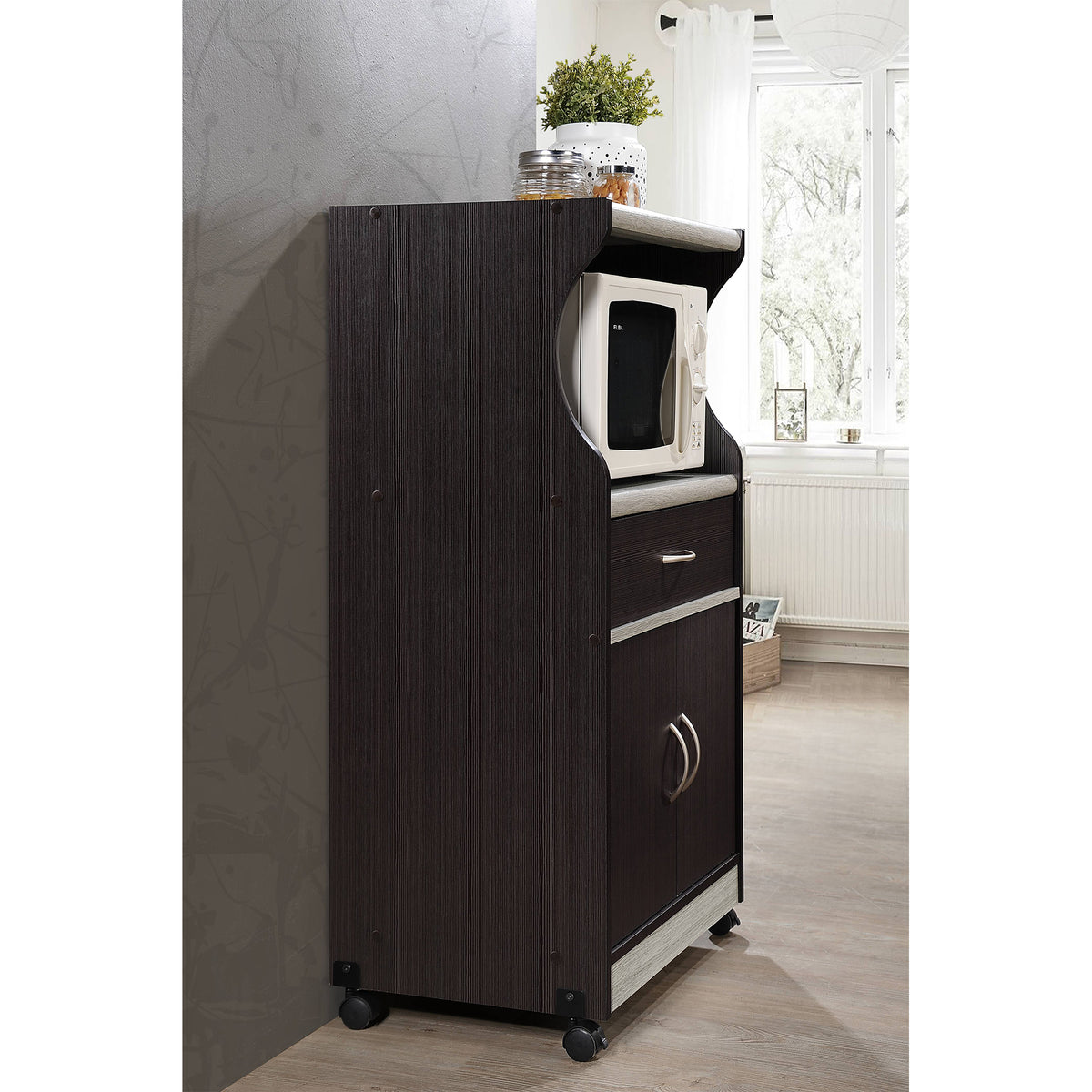 Hodedah Wheeled Microwave Island Cart w/ Drawer and Cabinet Storage (Used)